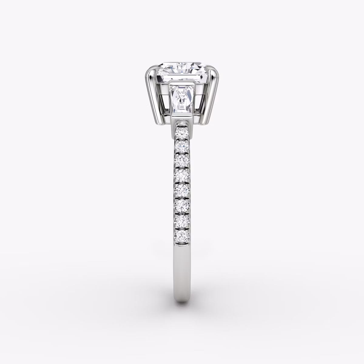 The Tapered Baguette Three Stone | Asscher | 18k | White Gold | bandAccent: Pavé | caratWeight: 1.0ct | excludeFromFeed: null | diamondOrientation: vertical