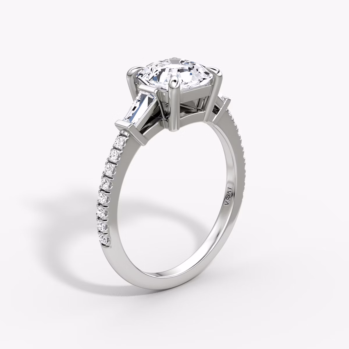The Tapered Baguette Three Stone | Asscher | 18k | White Gold | bandAccent: Pavé | caratWeight: 1.0ct | excludeFromFeed: null | diamondOrientation: vertical