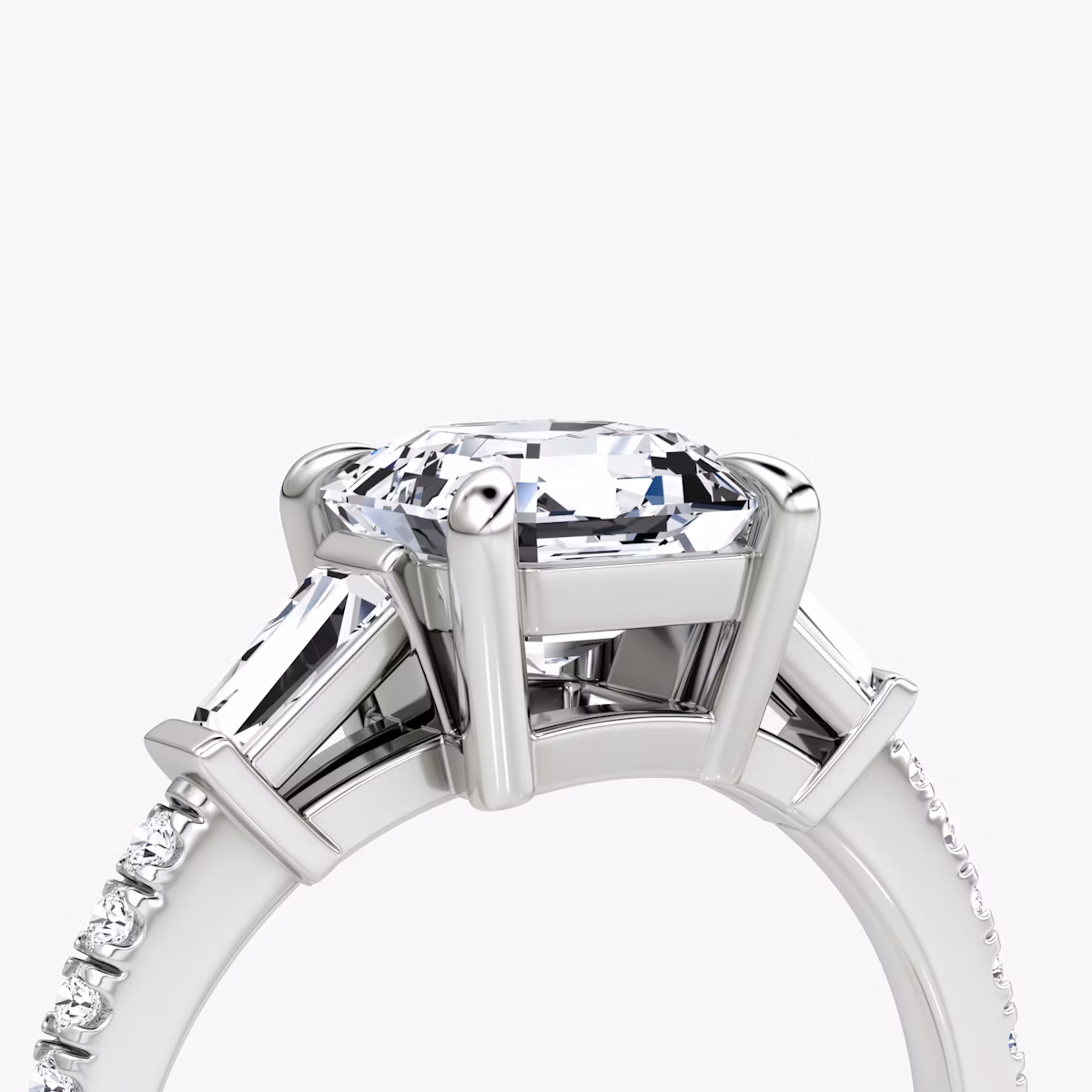 The Tapered Baguette Three Stone | Asscher | 18k | White Gold | bandAccent: Pavé | caratWeight: 1.0ct | excludeFromFeed: null | diamondOrientation: vertical