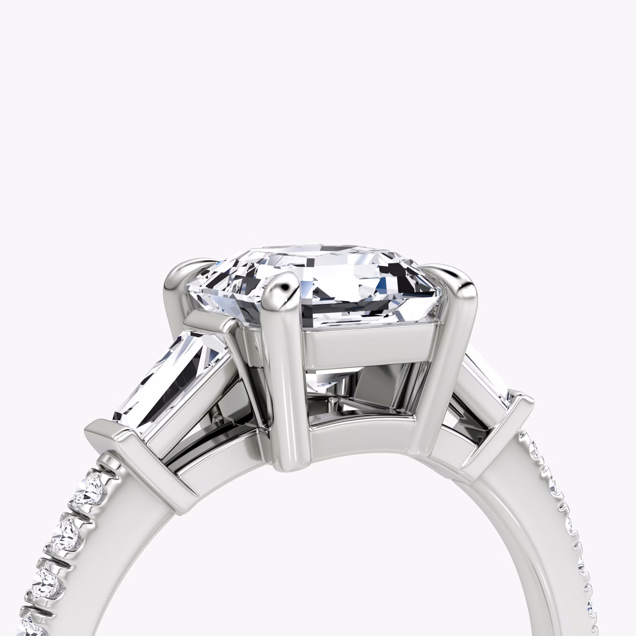 The Tapered Baguette Three Stone | Asscher | 18k | White Gold | bandAccent: Pavé | excludeFromFeed: null | diamondOrientation: vertical | caratWeight: other