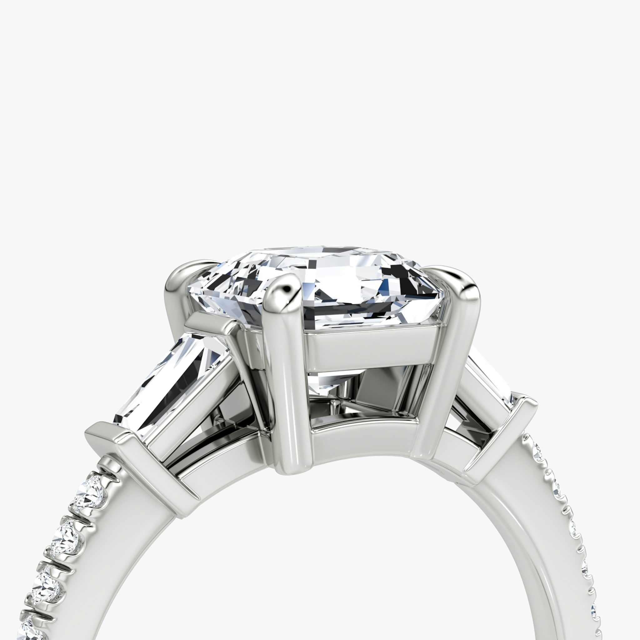 The Tapered Baguette Three Stone | Asscher | 18k | White Gold | bandAccent: Pavé | excludeFromFeed: null | diamondOrientation: vertical | caratWeight: other