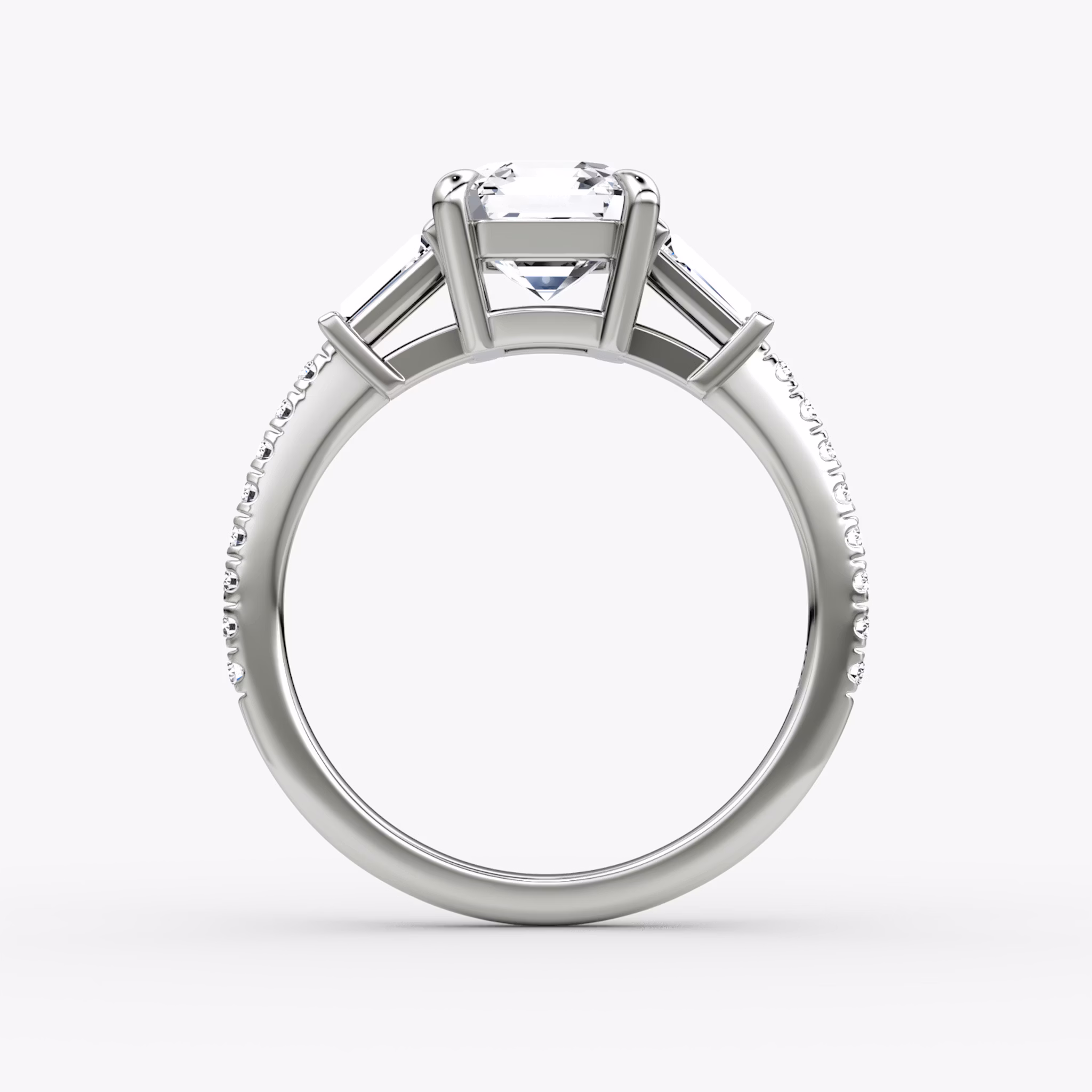 The Tapered Baguette Three Stone | Asscher | Platinum | bandAccent: Pavé | excludeFromFeed: null | diamondOrientation: vertical | caratWeight: other