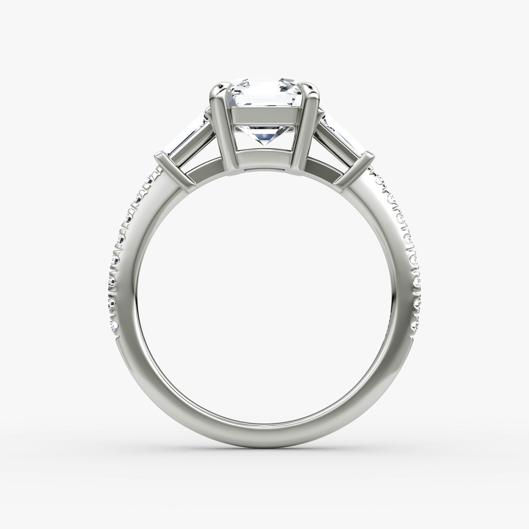 The Tapered Baguette Three Stone | Asscher | Platinum | bandAccent: Pavé | excludeFromFeed: null | diamondOrientation: vertical | caratWeight: other