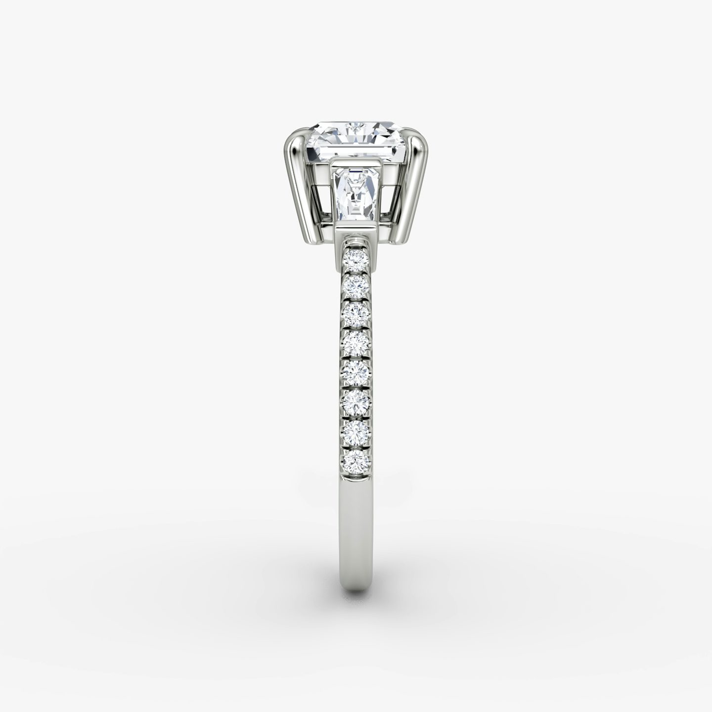 The Tapered Baguette Three Stone | Asscher | Platinum | bandAccent: Pavé | excludeFromFeed: null | diamondOrientation: vertical | caratWeight: other