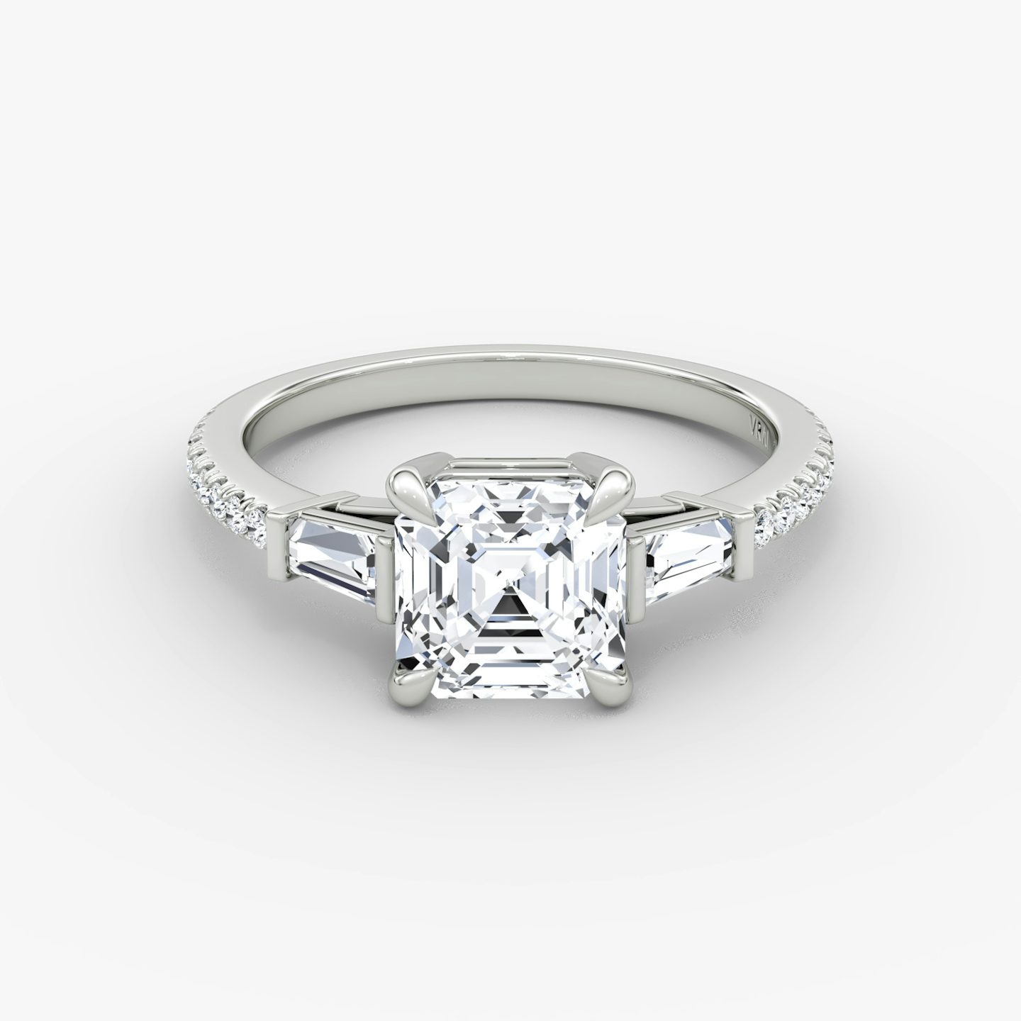 The Tapered Baguette Three Stone | Asscher | Platinum | bandAccent: Pavé | excludeFromFeed: null | diamondOrientation: vertical | caratWeight: other