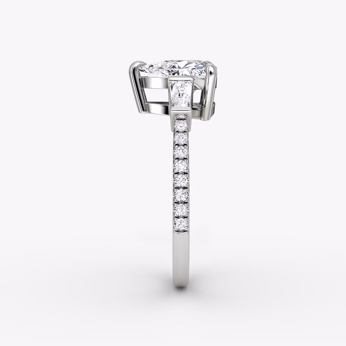 The Tapered Baguette Three Stone | Trillion | Platinum | bandAccent: Pavé | caratWeight: 1.0ct | excludeFromFeed: null | diamondOrientation: vertical