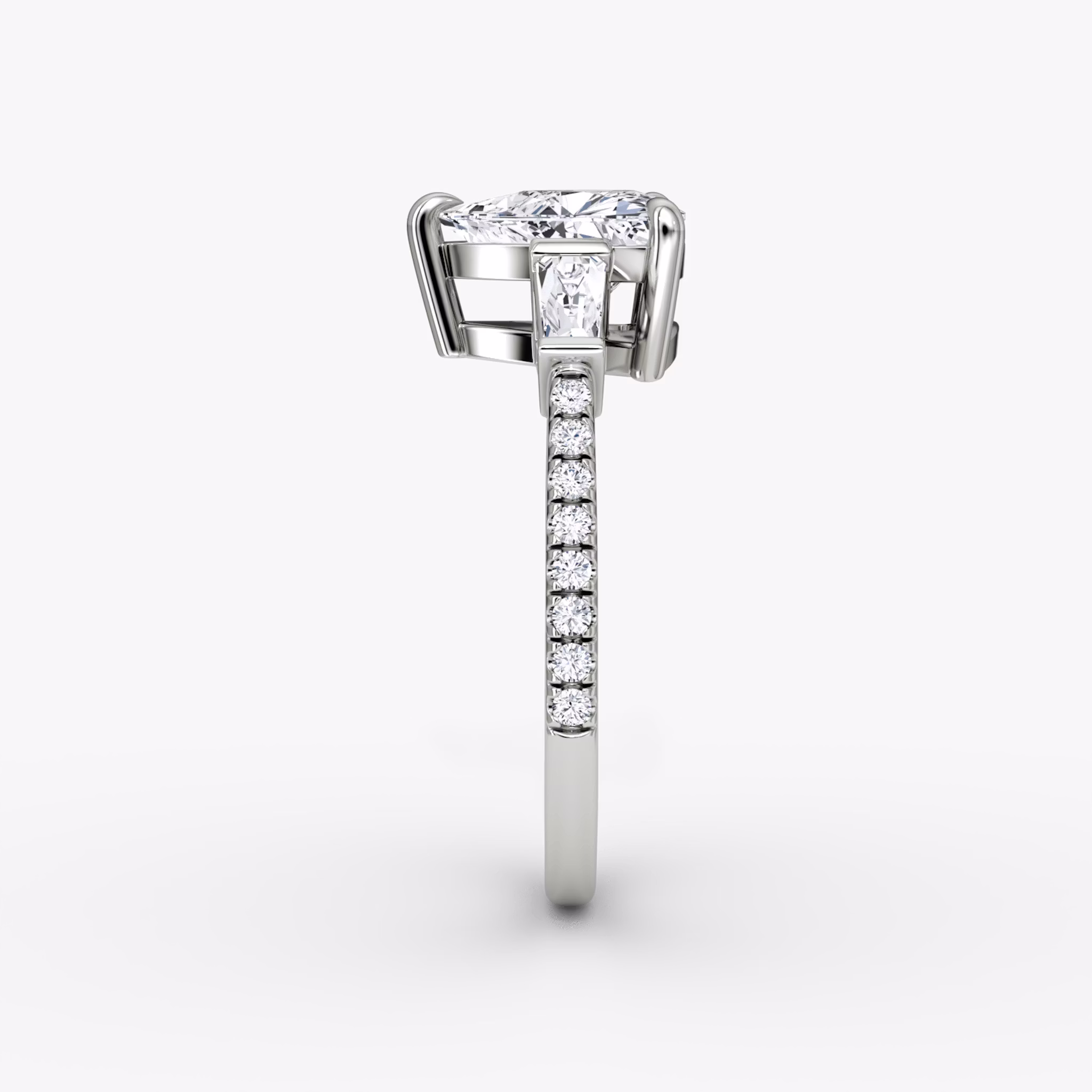 The Tapered Baguette Three Stone | Trillion | 18k | White Gold | bandAccent: Pavé | excludeFromFeed: null | diamondOrientation: vertical | caratWeight: other