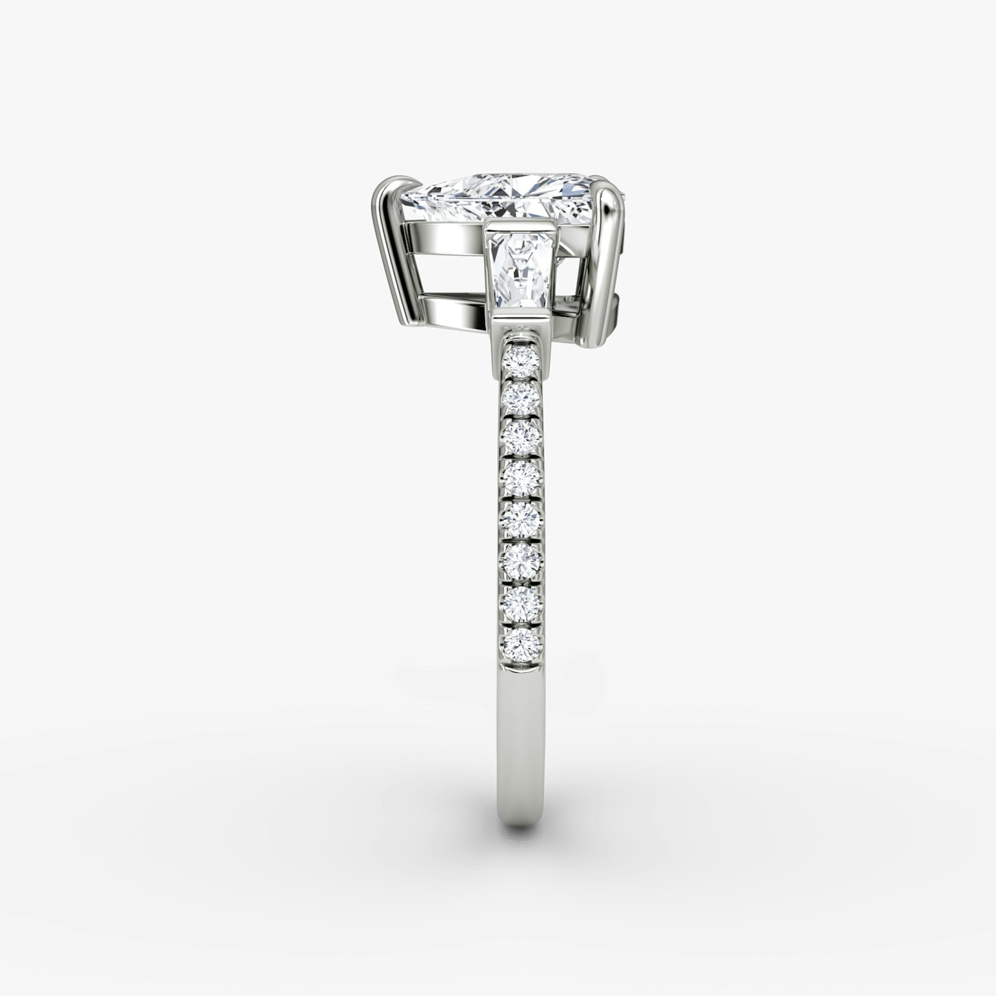 The Tapered Baguette Three Stone | Trillion | 18k | White Gold | bandAccent: Pavé | excludeFromFeed: null | diamondOrientation: vertical | caratWeight: other