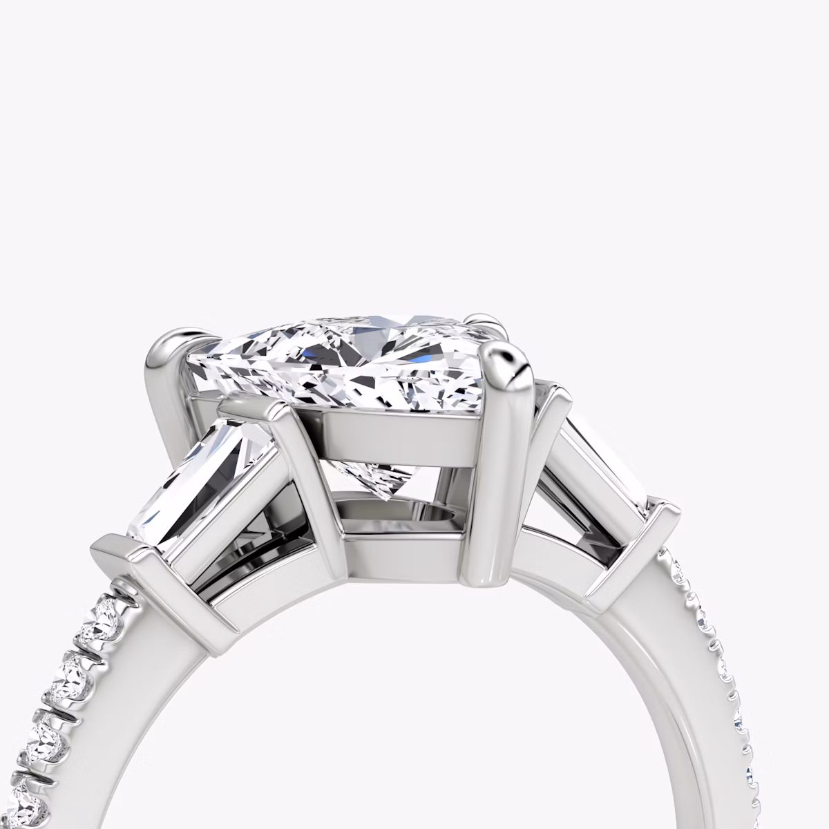 The Tapered Baguette Three Stone | Trillion | 18k | White Gold | bandAccent: Pavé | caratWeight: 1.0ct | excludeFromFeed: null | diamondOrientation: vertical