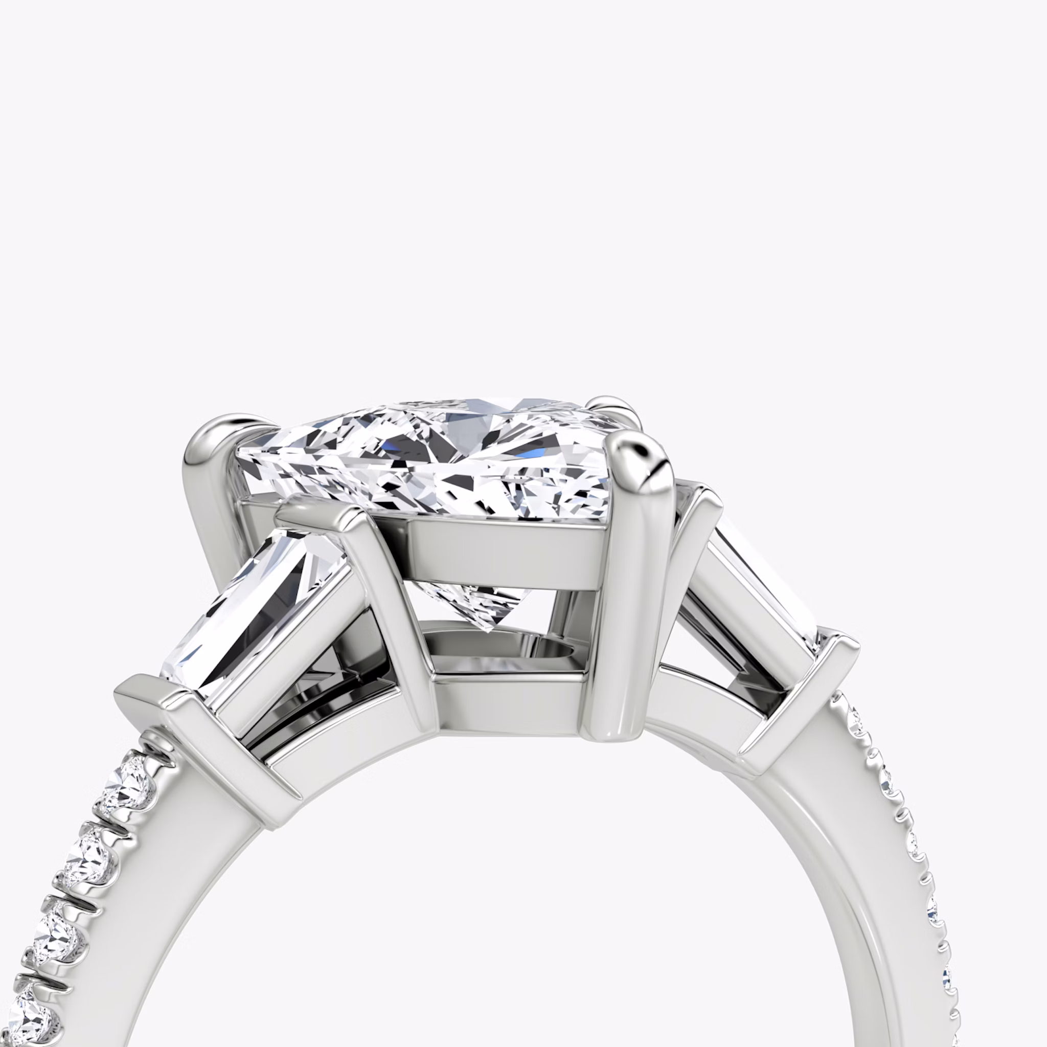 The Tapered Baguette Three Stone | Trillion | 18k | White Gold | bandAccent: Pavé | excludeFromFeed: null | diamondOrientation: vertical | caratWeight: other