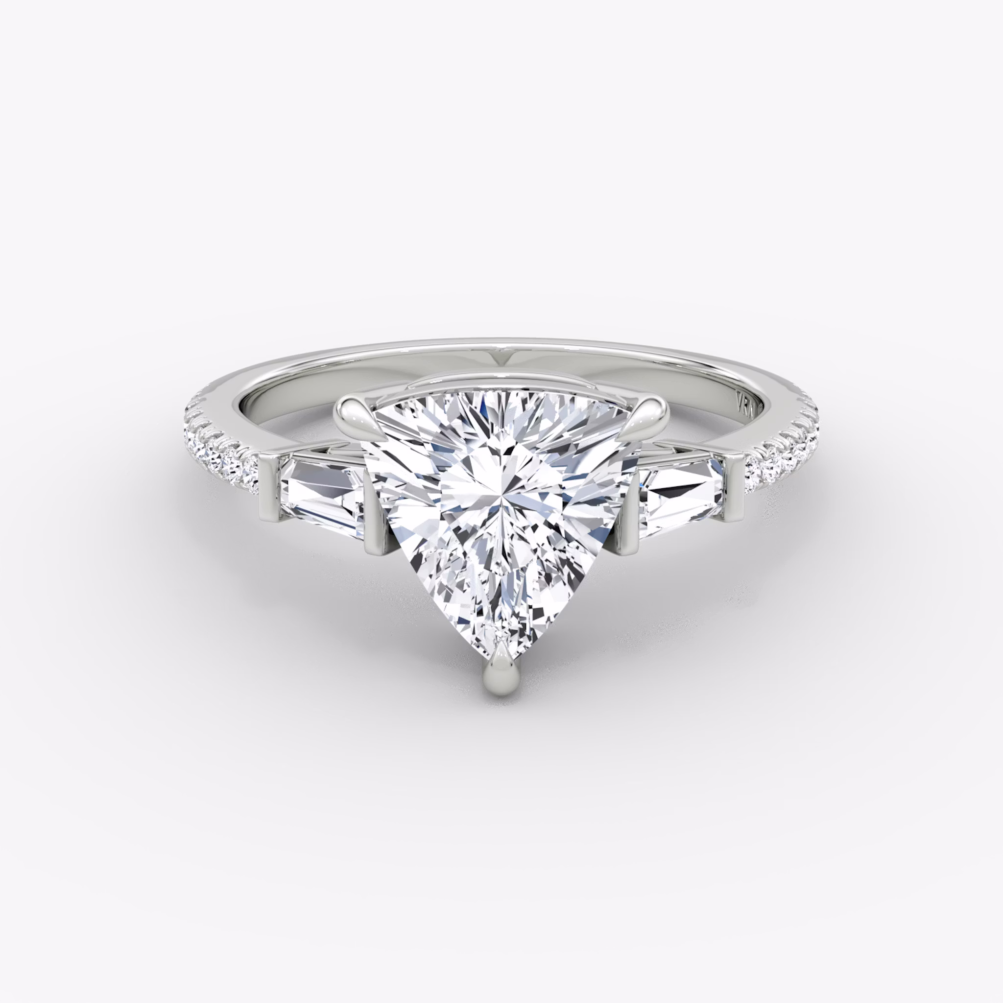 The Tapered Baguette Three Stone | Trillion | 18k | White Gold | bandAccent: Pavé | excludeFromFeed: null | diamondOrientation: vertical | caratWeight: other