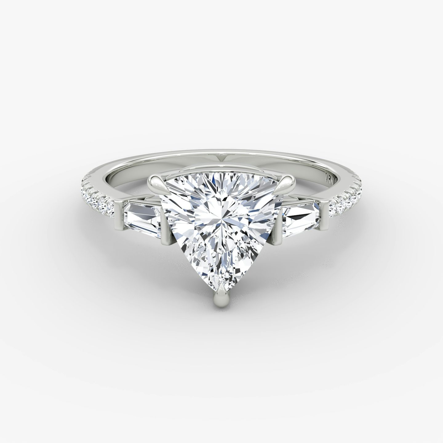 The Tapered Baguette Three Stone | Trillion | 18k | White Gold | bandAccent: Pavé | excludeFromFeed: null | diamondOrientation: vertical | caratWeight: other