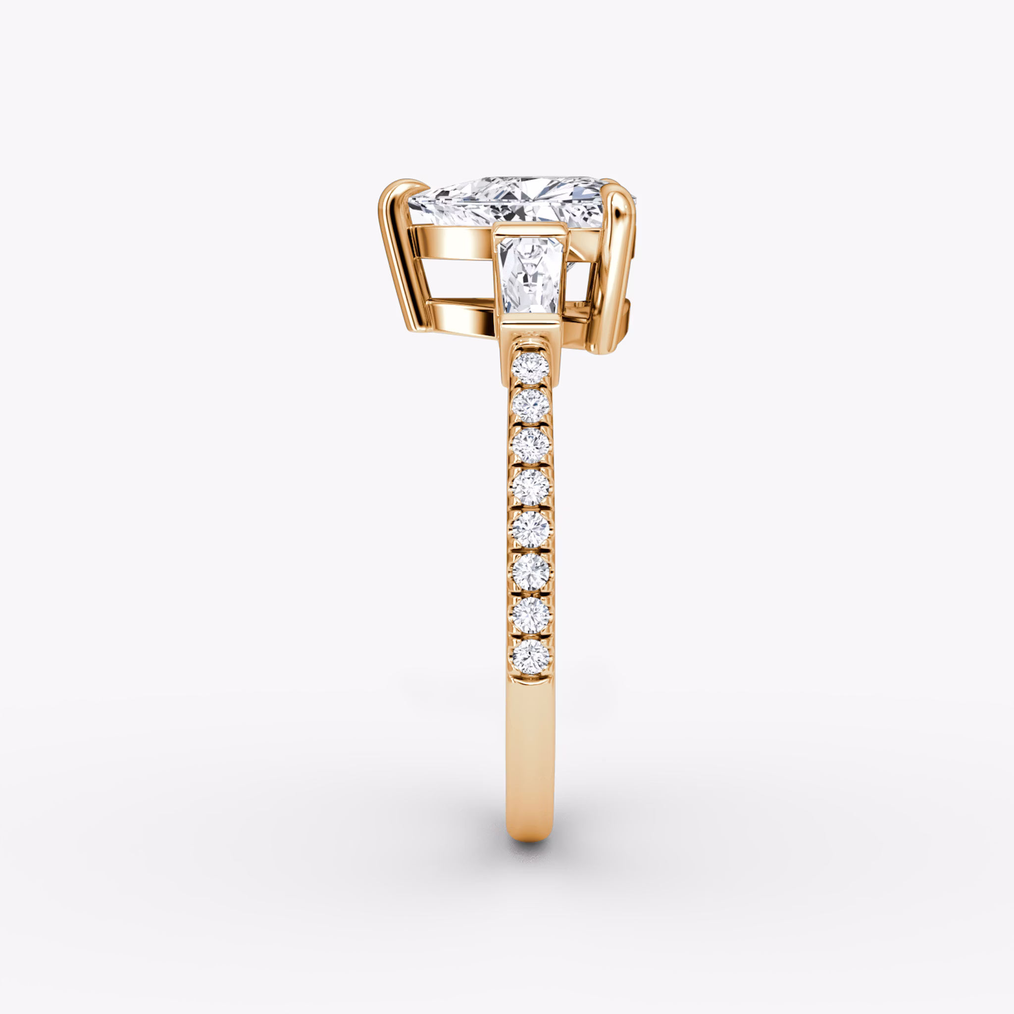 The Tapered Baguette Three Stone | Trillion | 14k | Rose Gold | bandAccent: Pavé | excludeFromFeed: null | diamondOrientation: vertical | caratWeight: other