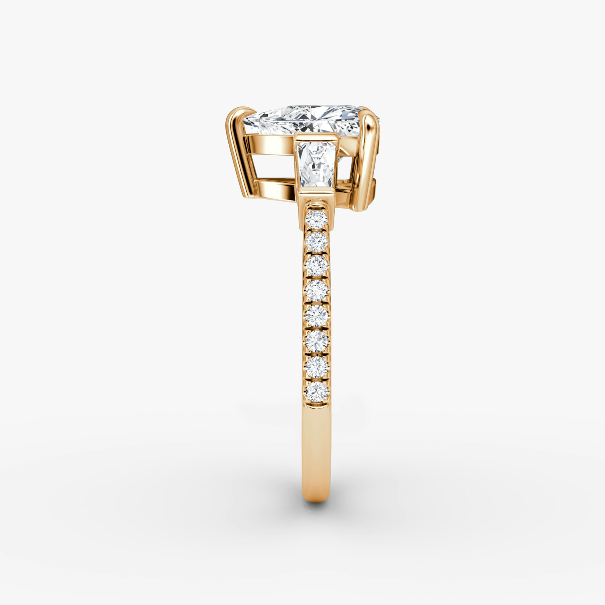 The Tapered Baguette Three Stone | Trillion | 14k | Rose Gold | bandAccent: Pavé | excludeFromFeed: null | diamondOrientation: vertical | caratWeight: other