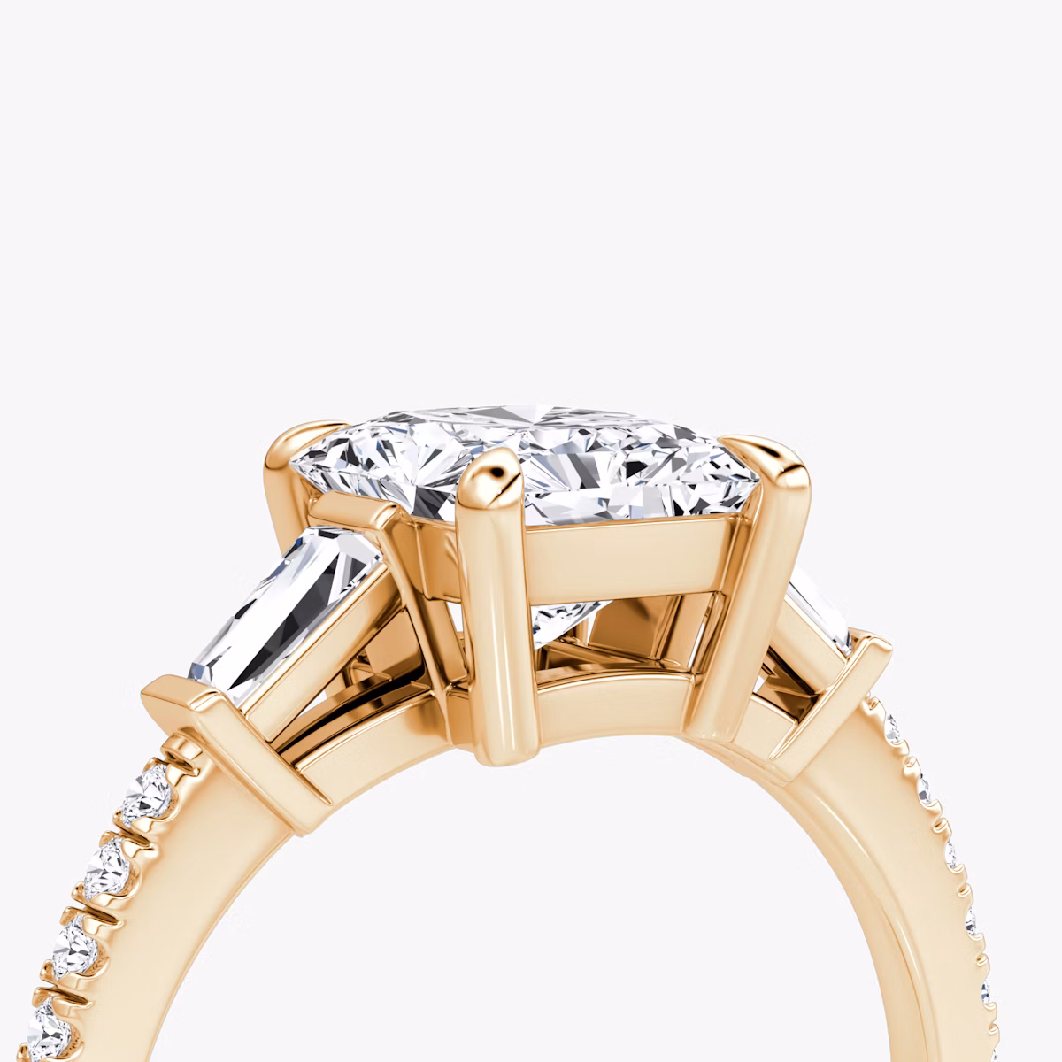 The Tapered Baguette Three Stone | Radiant | 14k | Rose Gold | bandAccent: Pavé | caratWeight: 1.0ct | excludeFromFeed: null | diamondOrientation: vertical