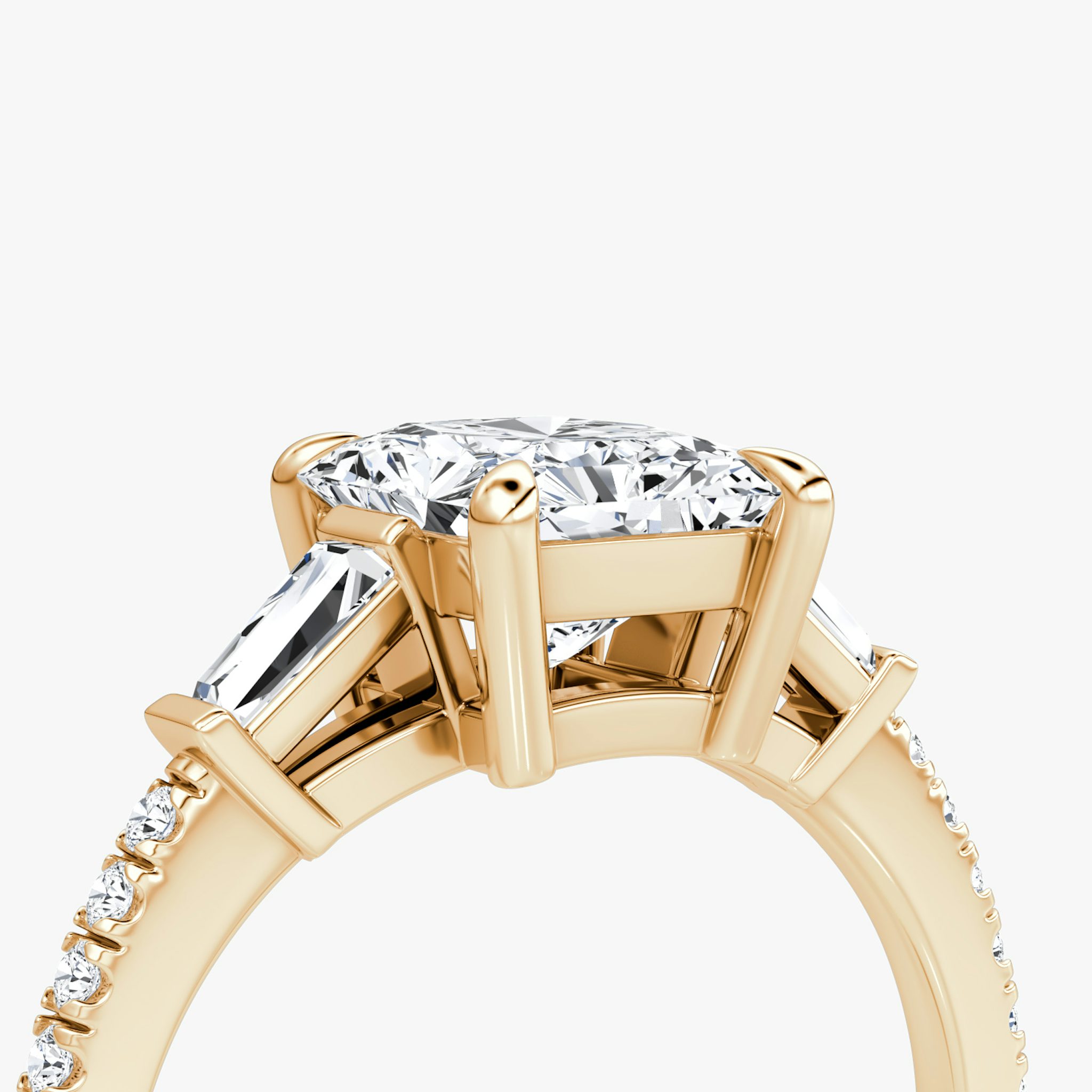 The Tapered Baguette Three Stone | Radiant | 14k | Rose Gold | bandAccent: Pavé | excludeFromFeed: null | diamondOrientation: vertical | caratWeight: other