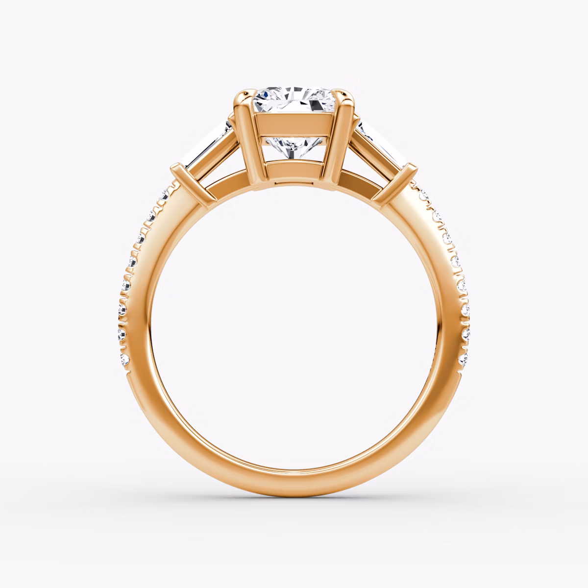 The Tapered Baguette Three Stone | Radiant | 14k | Rose Gold | bandAccent: Pavé | caratWeight: 1.0ct | excludeFromFeed: null | diamondOrientation: vertical