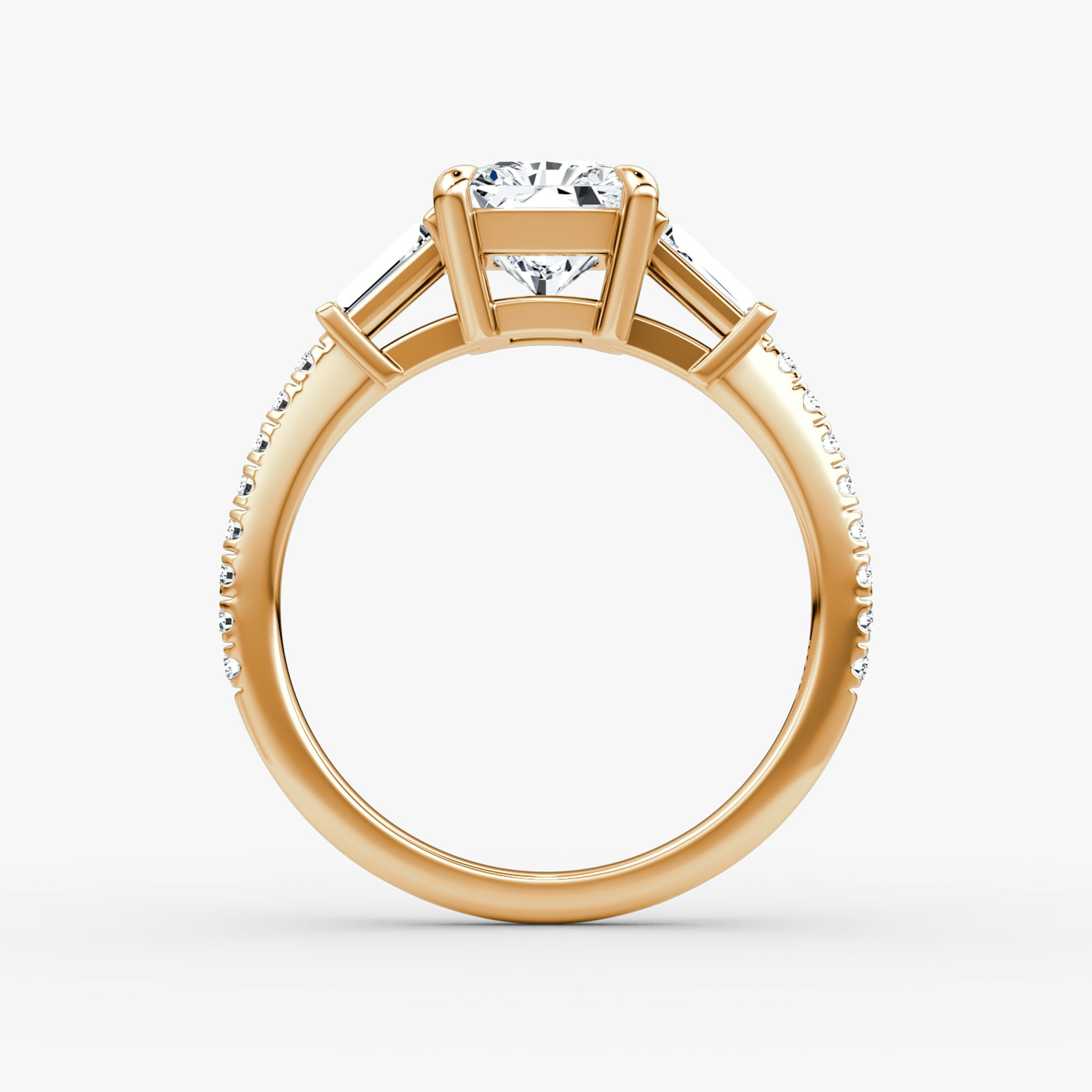 The Tapered Baguette Three Stone | Radiant | 14k | Rose Gold | bandAccent: Pavé | excludeFromFeed: null | diamondOrientation: vertical | caratWeight: other