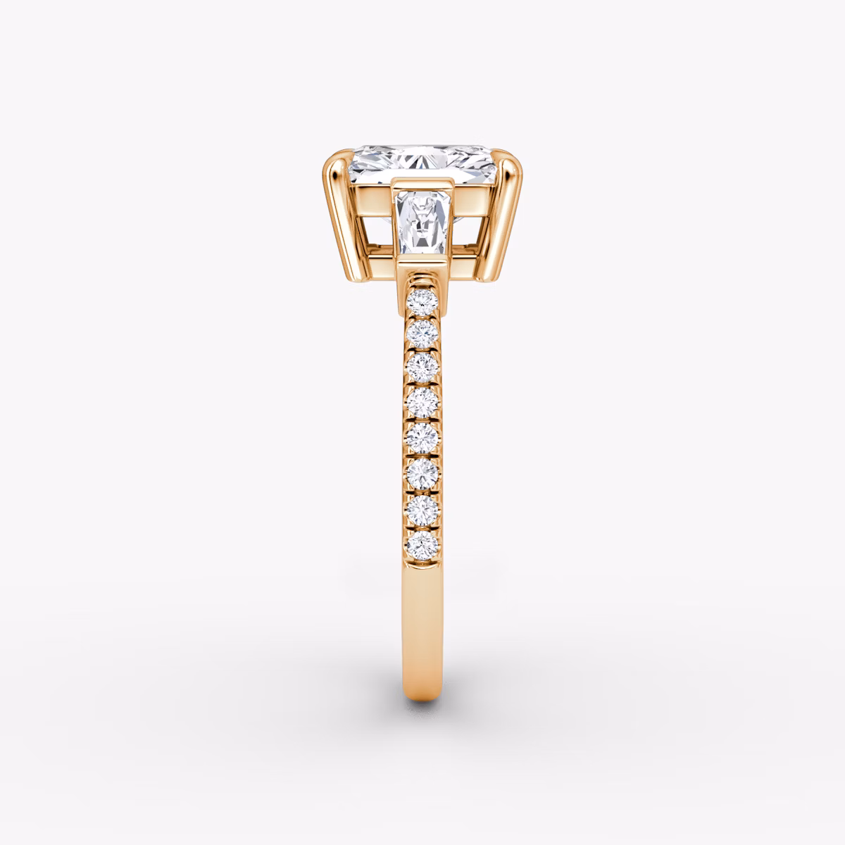 The Tapered Baguette Three Stone | Radiant | 14k | Rose Gold | bandAccent: Pavé | caratWeight: 1.0ct | excludeFromFeed: null | diamondOrientation: vertical
