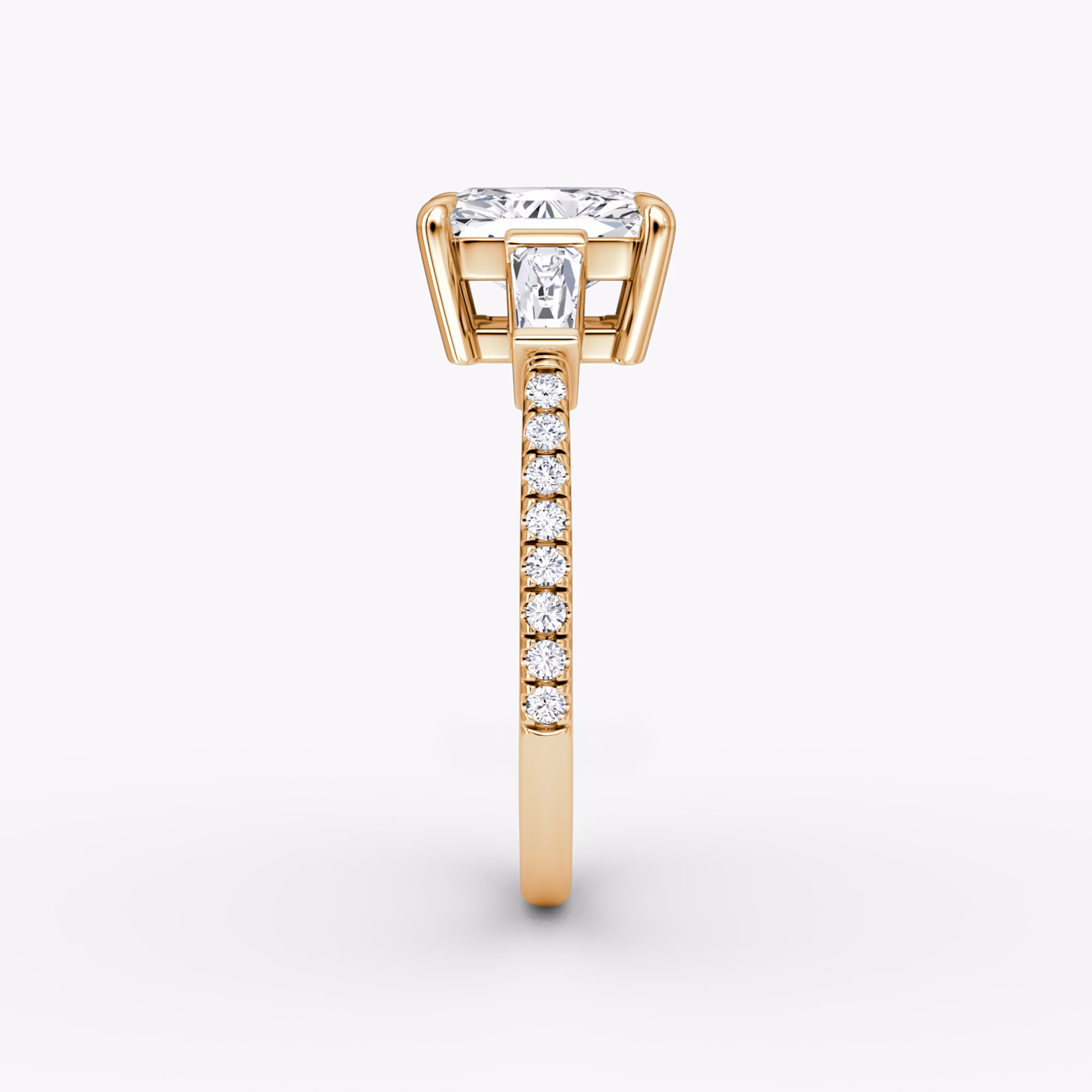 The Tapered Baguette Three Stone | Radiant | 14k | Rose Gold | bandAccent: Pavé | excludeFromFeed: null | diamondOrientation: vertical | caratWeight: other
