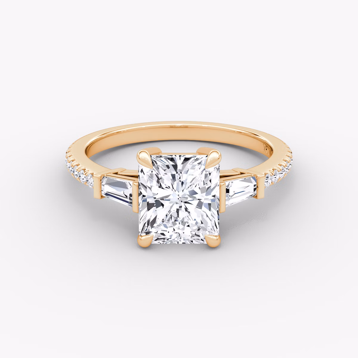 The Tapered Baguette Three Stone | Radiant | 14k | Rose Gold | bandAccent: Pavé | caratWeight: 1.0ct | excludeFromFeed: null | diamondOrientation: vertical
