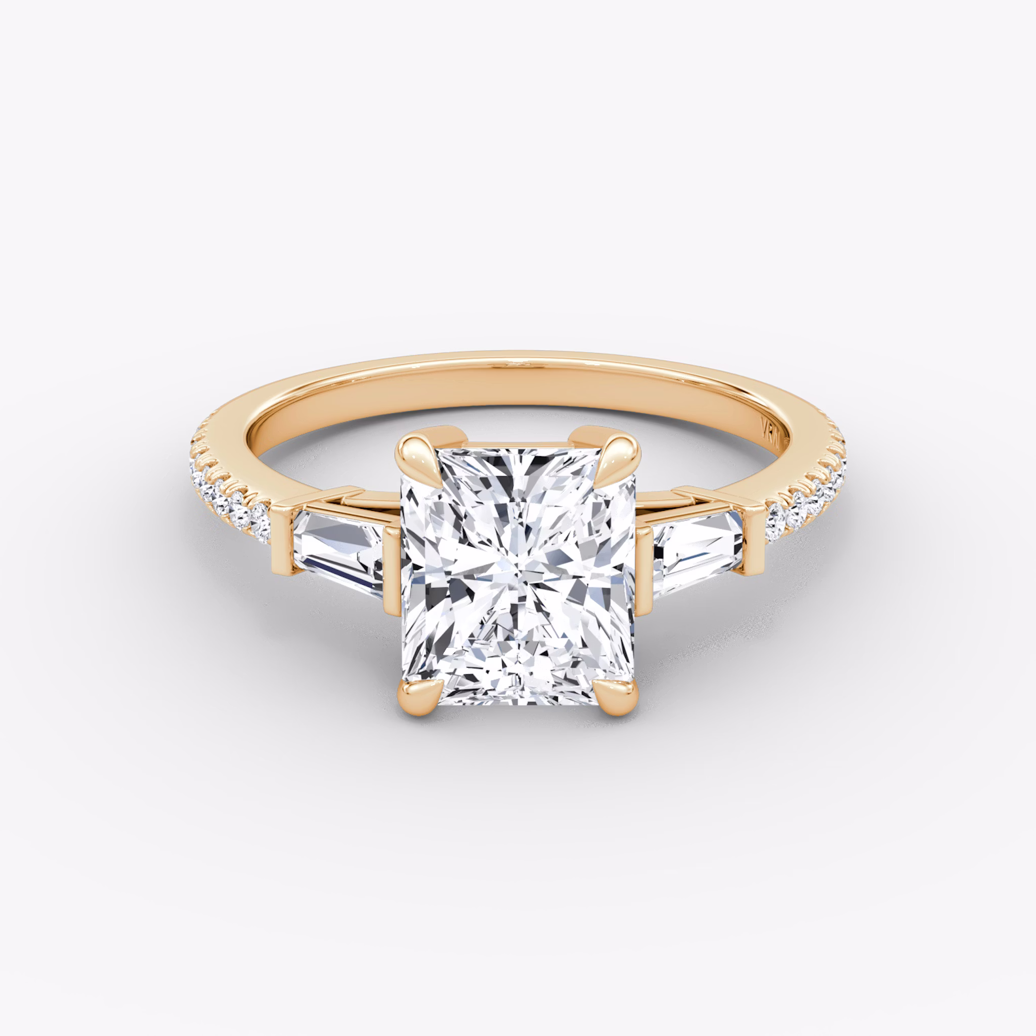 The Tapered Baguette Three Stone | Radiant | 14k | Rose Gold | bandAccent: Pavé | excludeFromFeed: null | diamondOrientation: vertical | caratWeight: other