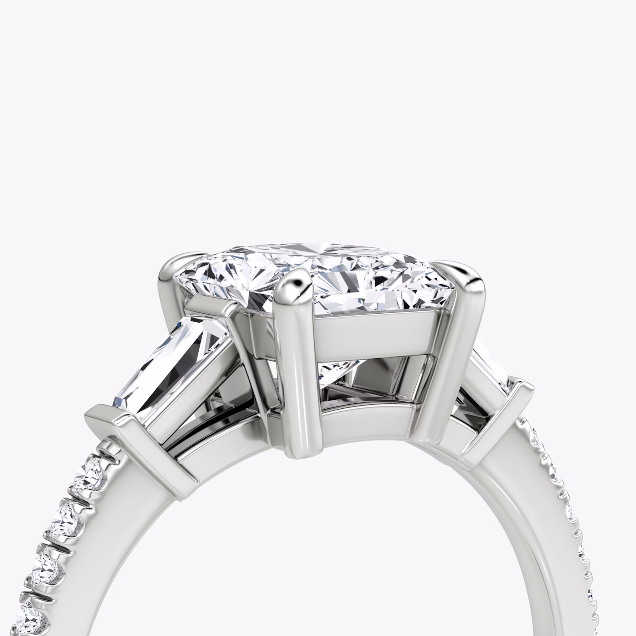 The Tapered Baguette Three Stone | Radiant | 18k | White Gold | bandAccent: Pavé | excludeFromFeed: null | diamondOrientation: vertical | caratWeight: other