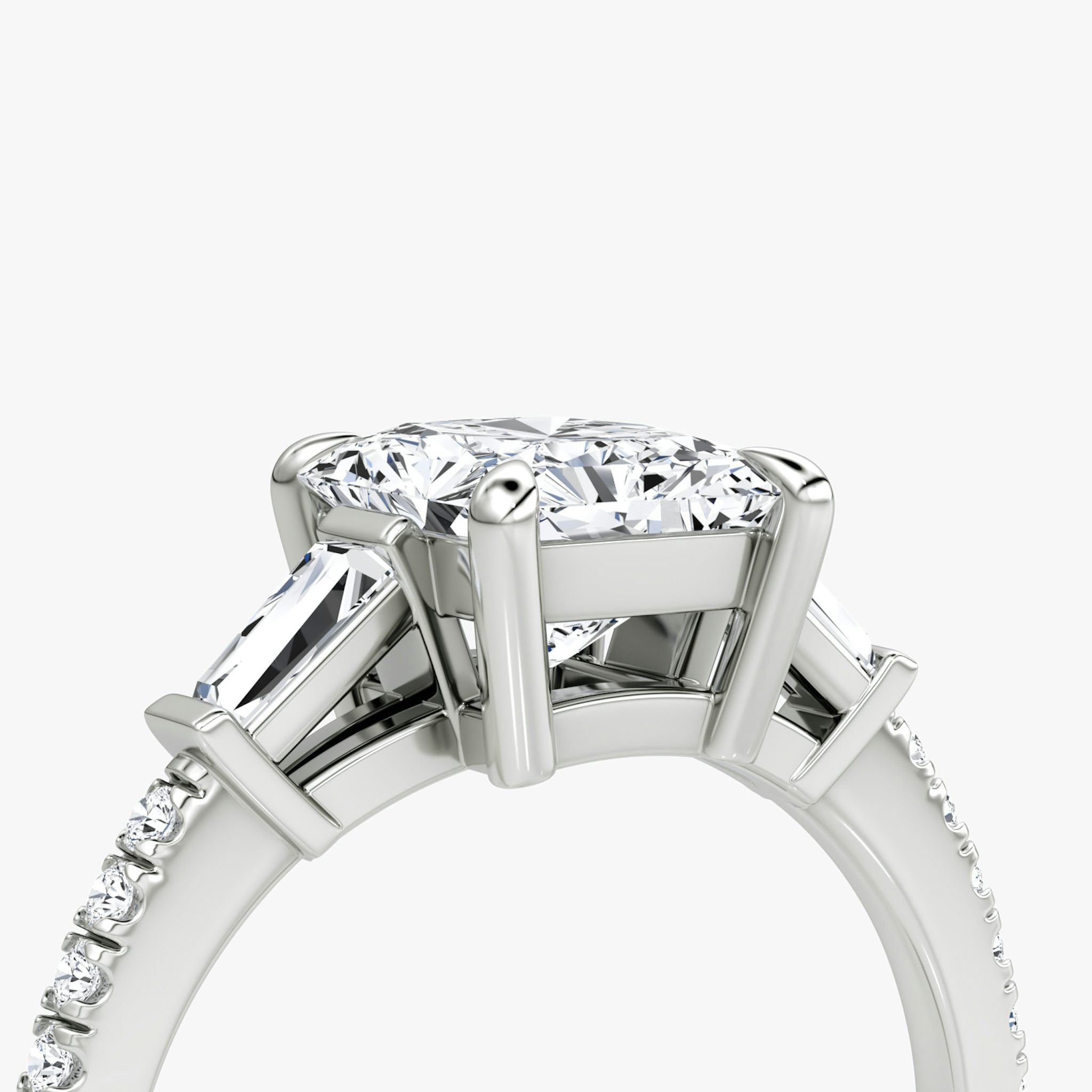 The Tapered Baguette Three Stone | Radiant | 18k | White Gold | bandAccent: Pavé | excludeFromFeed: null | diamondOrientation: vertical | caratWeight: other