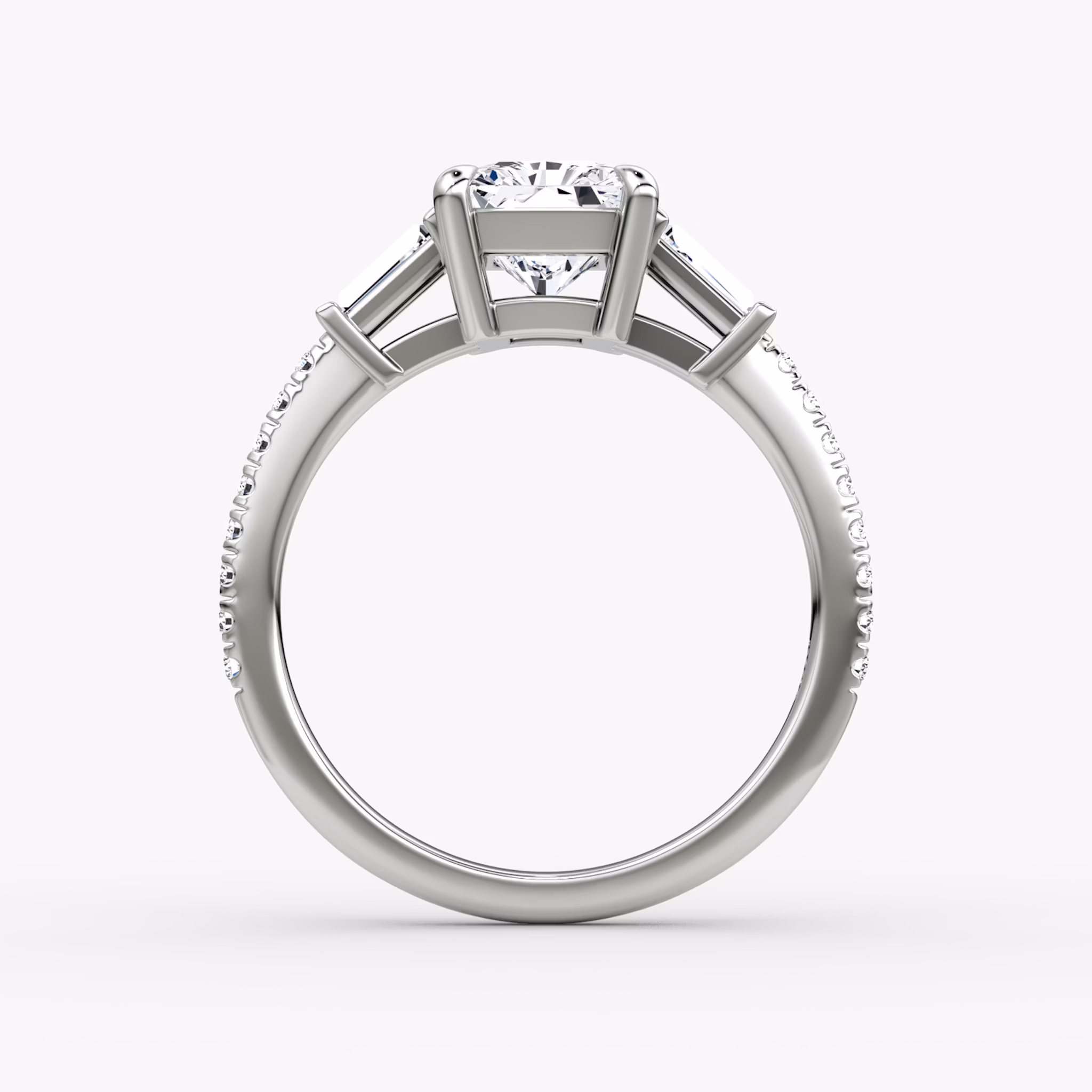 The Tapered Baguette Three Stone | Radiant | 18k | White Gold | bandAccent: Pavé | excludeFromFeed: null | diamondOrientation: vertical | caratWeight: other