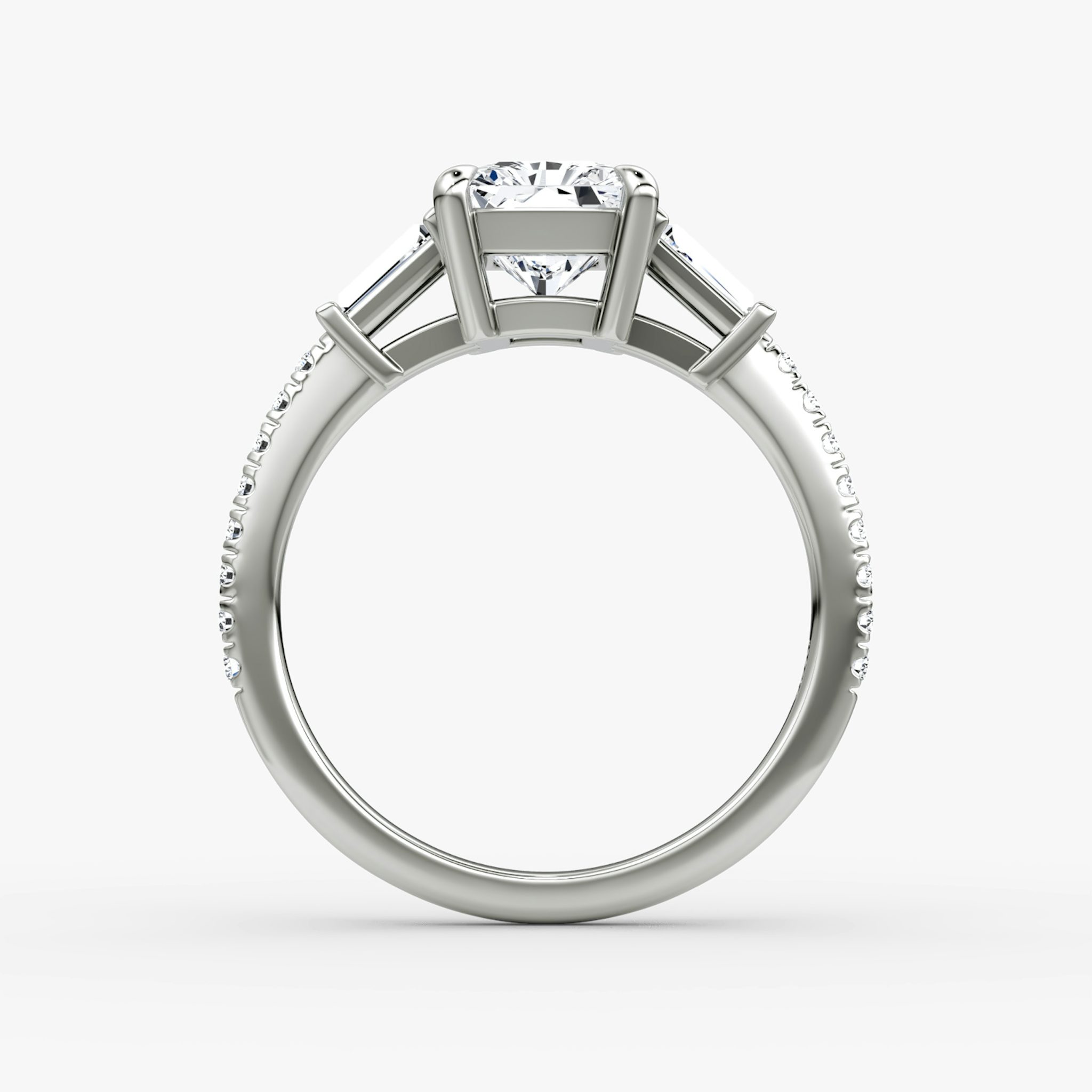 The Tapered Baguette Three Stone | Radiant | 18k | White Gold | bandAccent: Pavé | excludeFromFeed: null | diamondOrientation: vertical | caratWeight: other