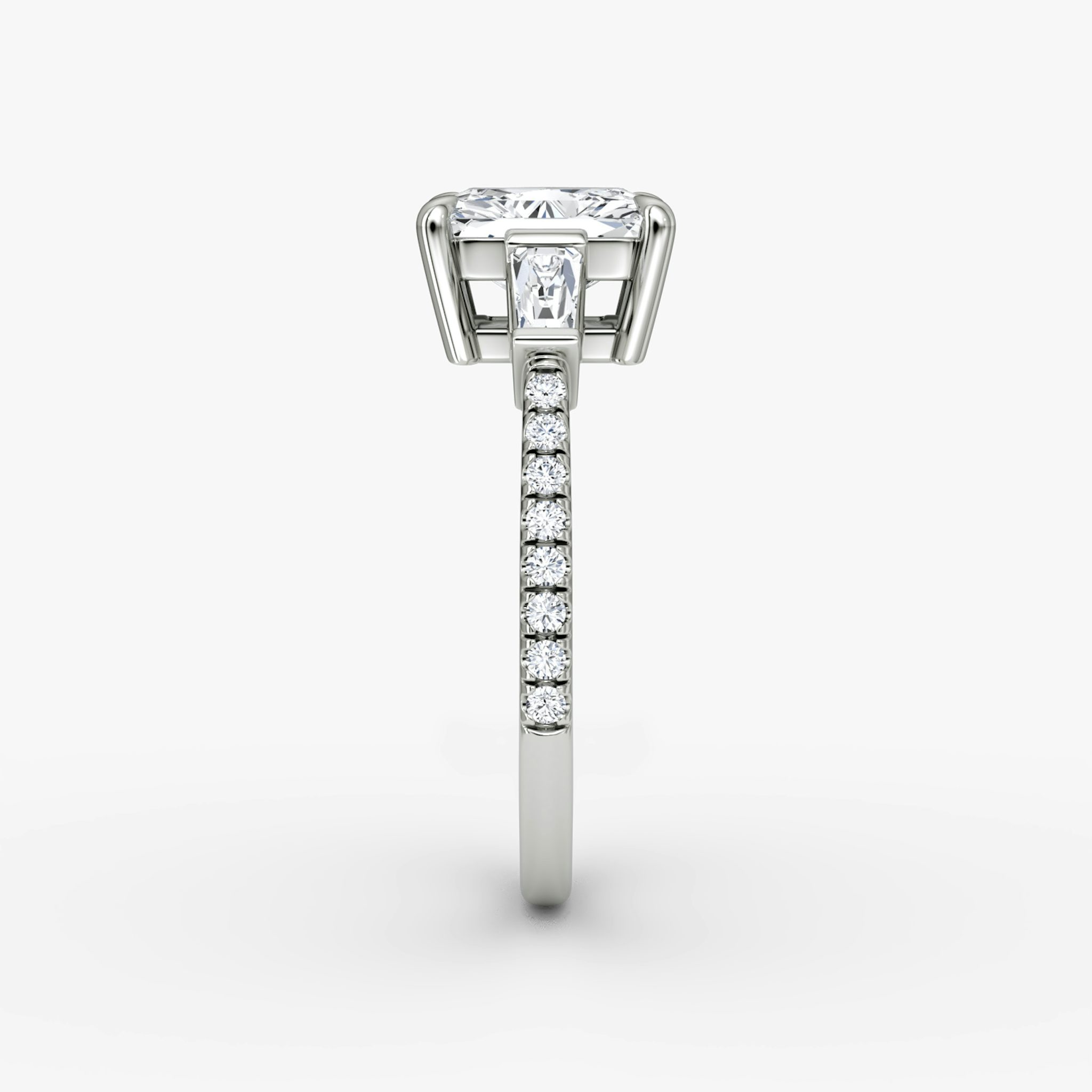 The Tapered Baguette Three Stone | Radiant | 18k | White Gold | bandAccent: Pavé | excludeFromFeed: null | diamondOrientation: vertical | caratWeight: other
