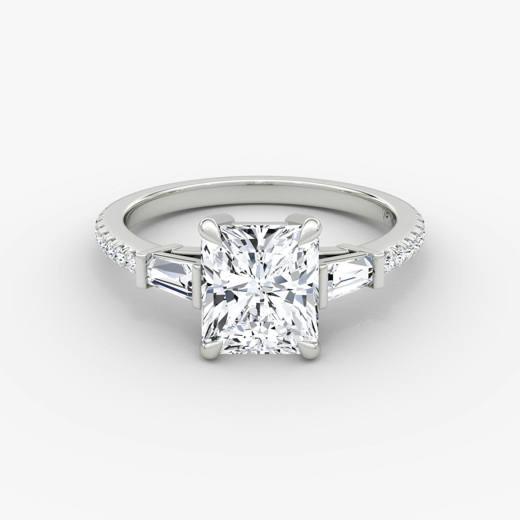 The Tapered Baguette Three Stone | Radiant | 18k | White Gold | bandAccent: Pavé | excludeFromFeed: null | diamondOrientation: vertical | caratWeight: other