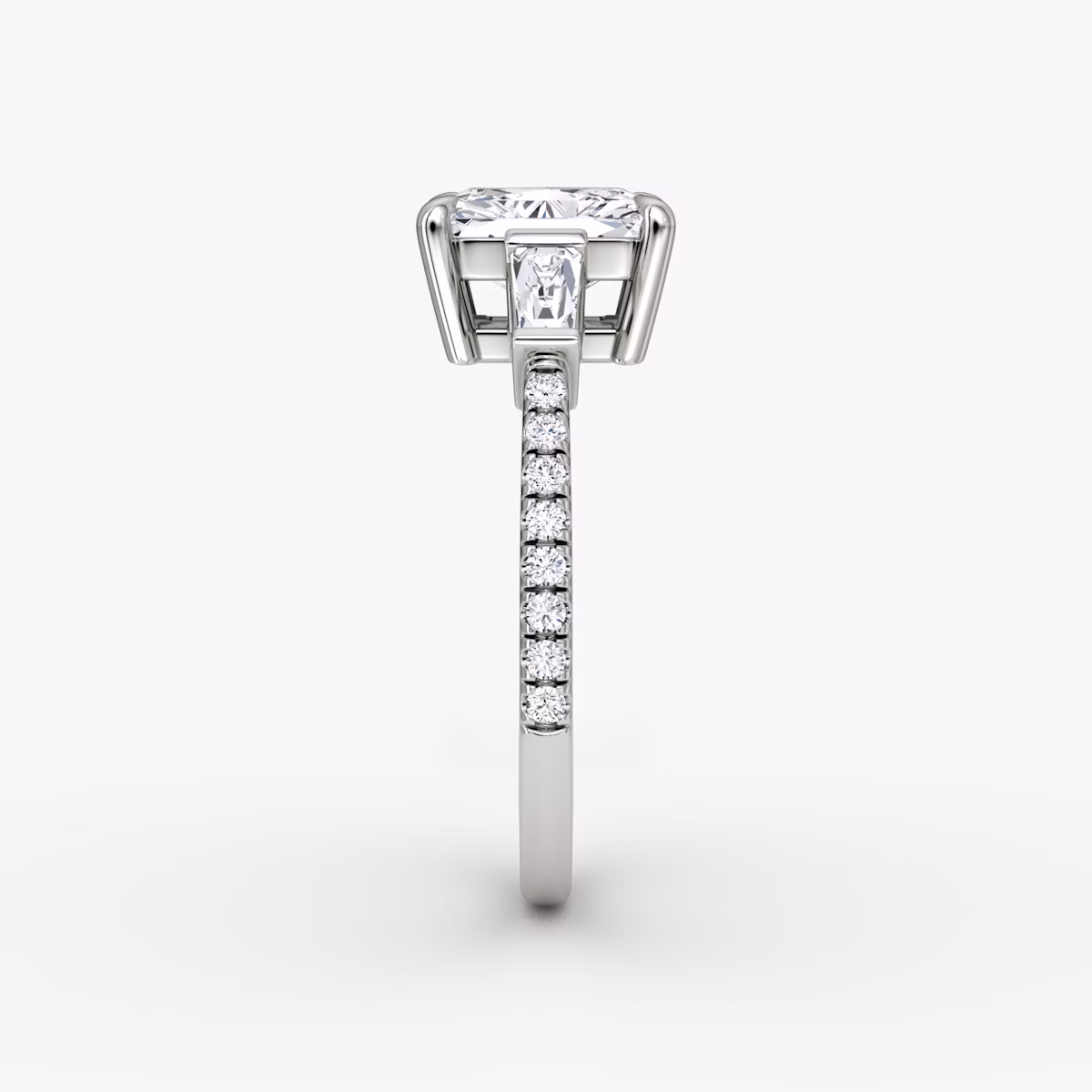The Tapered Baguette Three Stone | Radiant | Platinum | bandAccent: Pavé | caratWeight: 1.0ct | excludeFromFeed: null | diamondOrientation: vertical