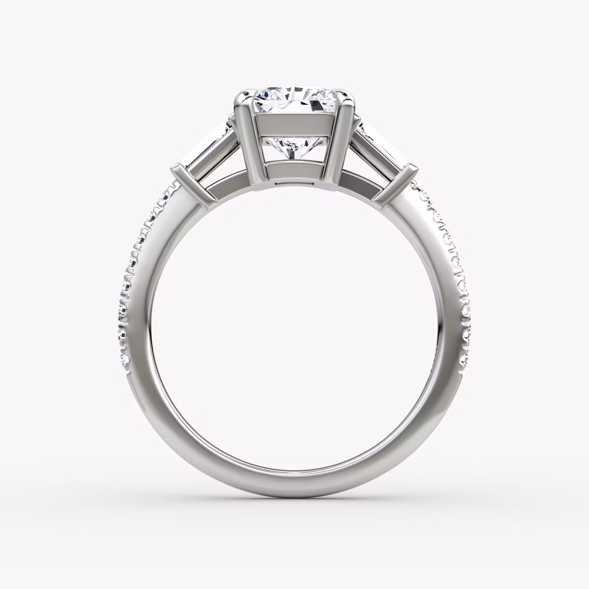 The Tapered Baguette Three Stone | Radiant | Platinum | bandAccent: Pavé | caratWeight: 1.0ct | excludeFromFeed: null | diamondOrientation: vertical