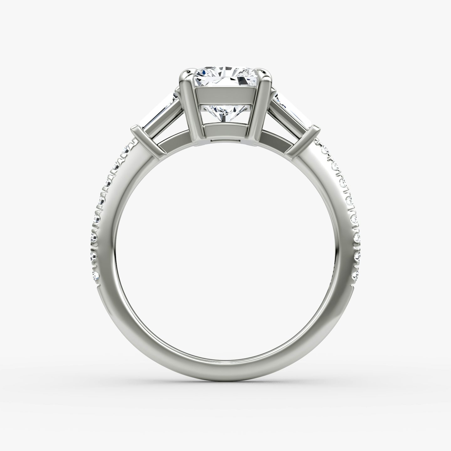 The Tapered Baguette Three Stone | Radiant | Platinum | bandAccent: Pavé | excludeFromFeed: null | diamondOrientation: vertical | caratWeight: other