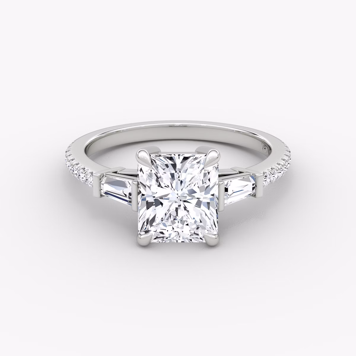 The Tapered Baguette Three Stone | Radiant | Platinum | bandAccent: Pavé | caratWeight: 1.0ct | excludeFromFeed: null | diamondOrientation: vertical
