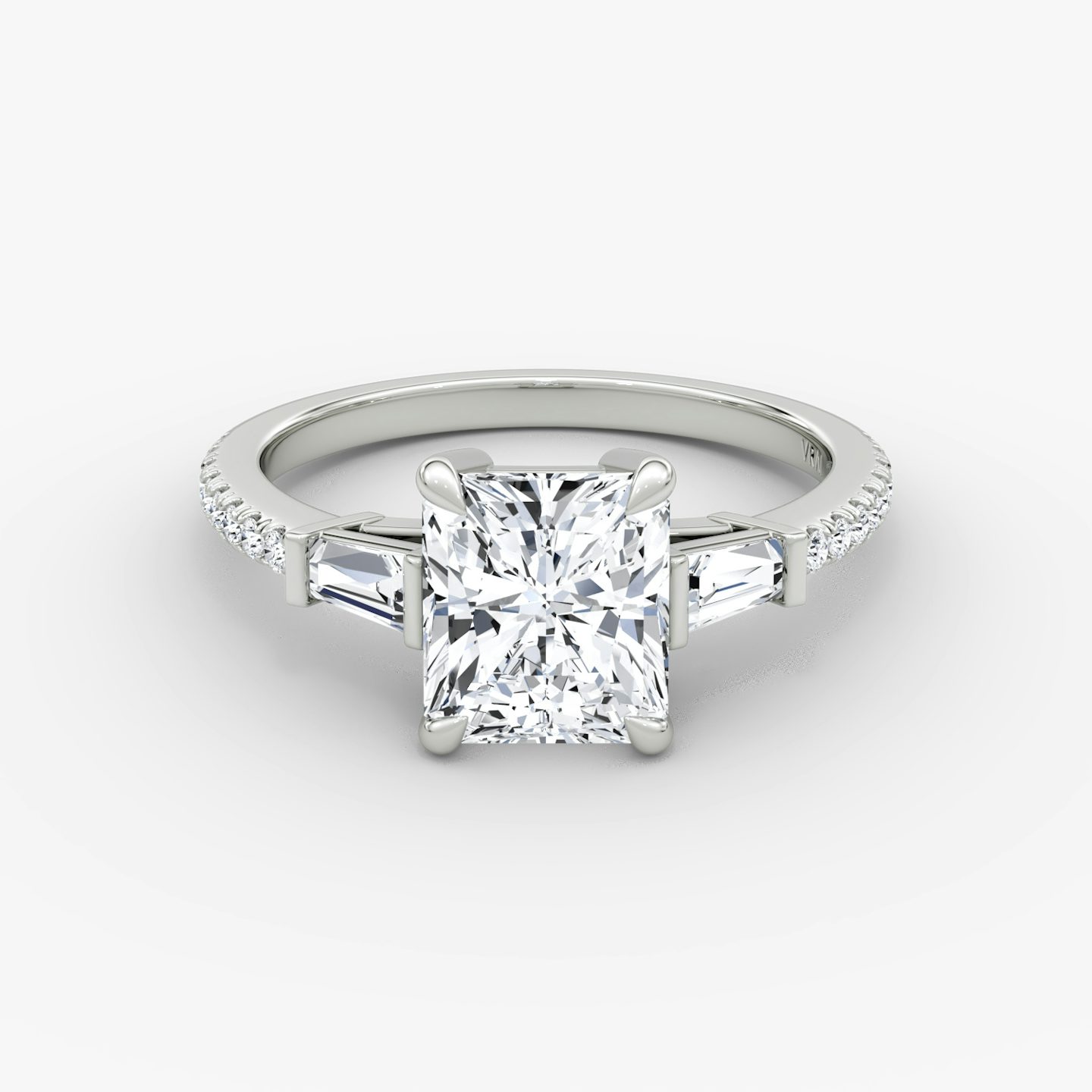 The Tapered Baguette Three Stone | Radiant | Platinum | bandAccent: Pavé | excludeFromFeed: null | diamondOrientation: vertical | caratWeight: other