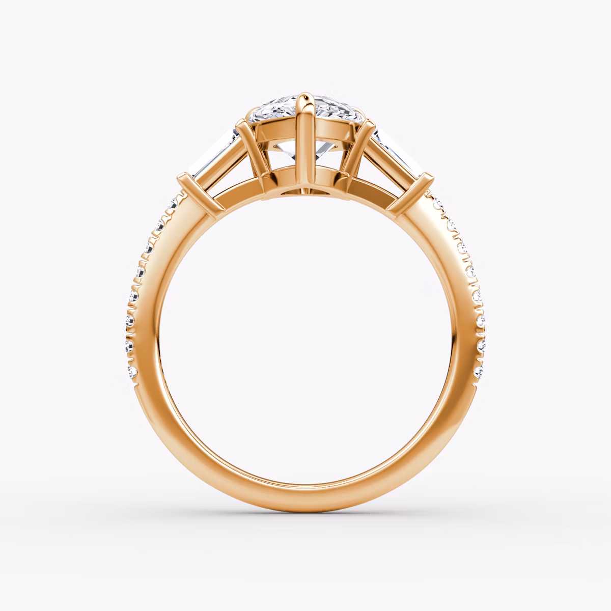 The Tapered Baguette Three Stone | Pear | 14k | Rose Gold | bandAccent: Pavé | caratWeight: 1.0ct | excludeFromFeed: null | diamondOrientation: vertical