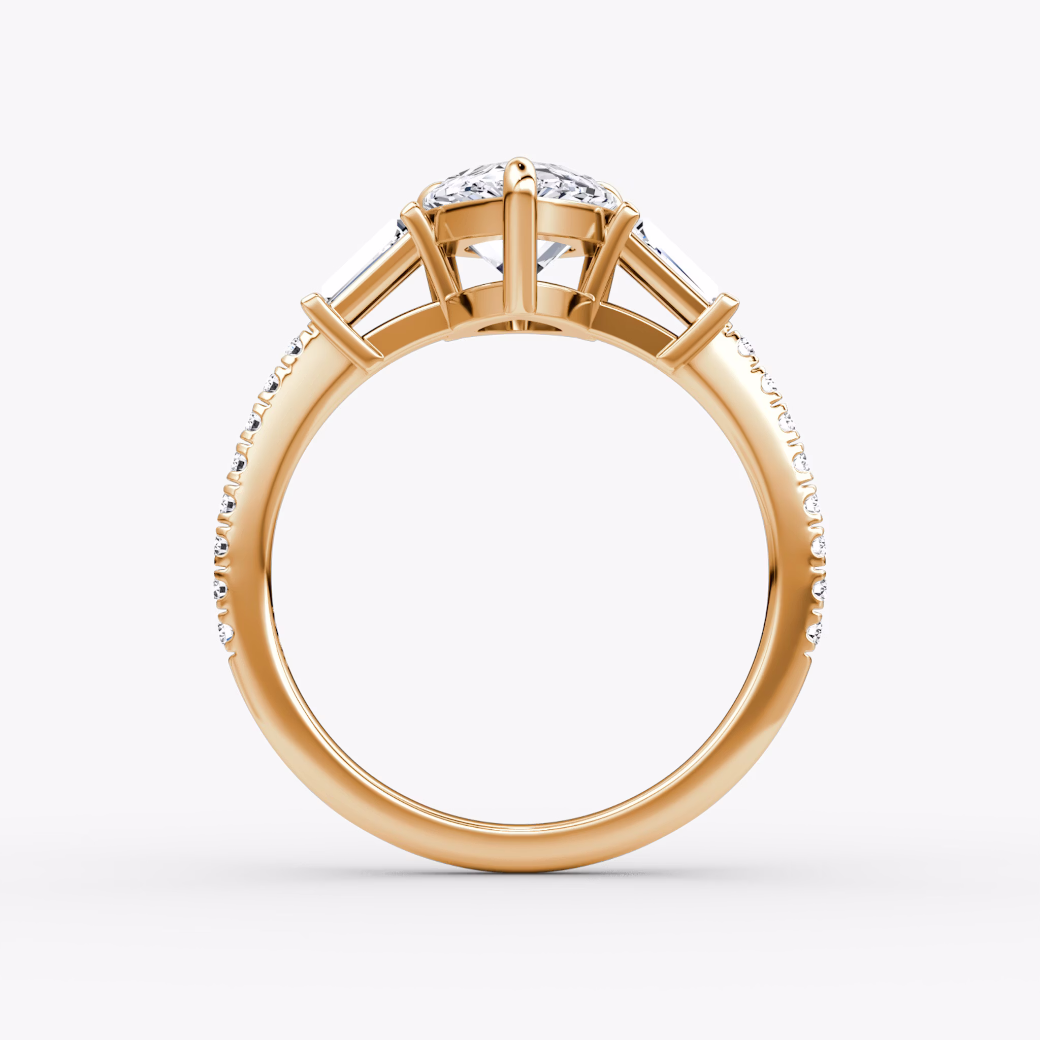 The Tapered Baguette Three Stone | Pear | 14k | Rose Gold | bandAccent: Pavé | excludeFromFeed: null | diamondOrientation: vertical | caratWeight: other