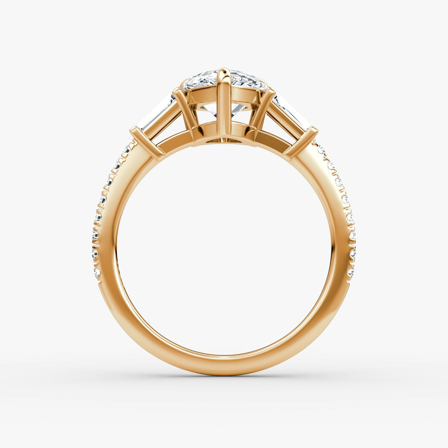 The Tapered Baguette Three Stone | Pear | 14k | Rose Gold | bandAccent: Pavé | excludeFromFeed: null | diamondOrientation: vertical | caratWeight: other