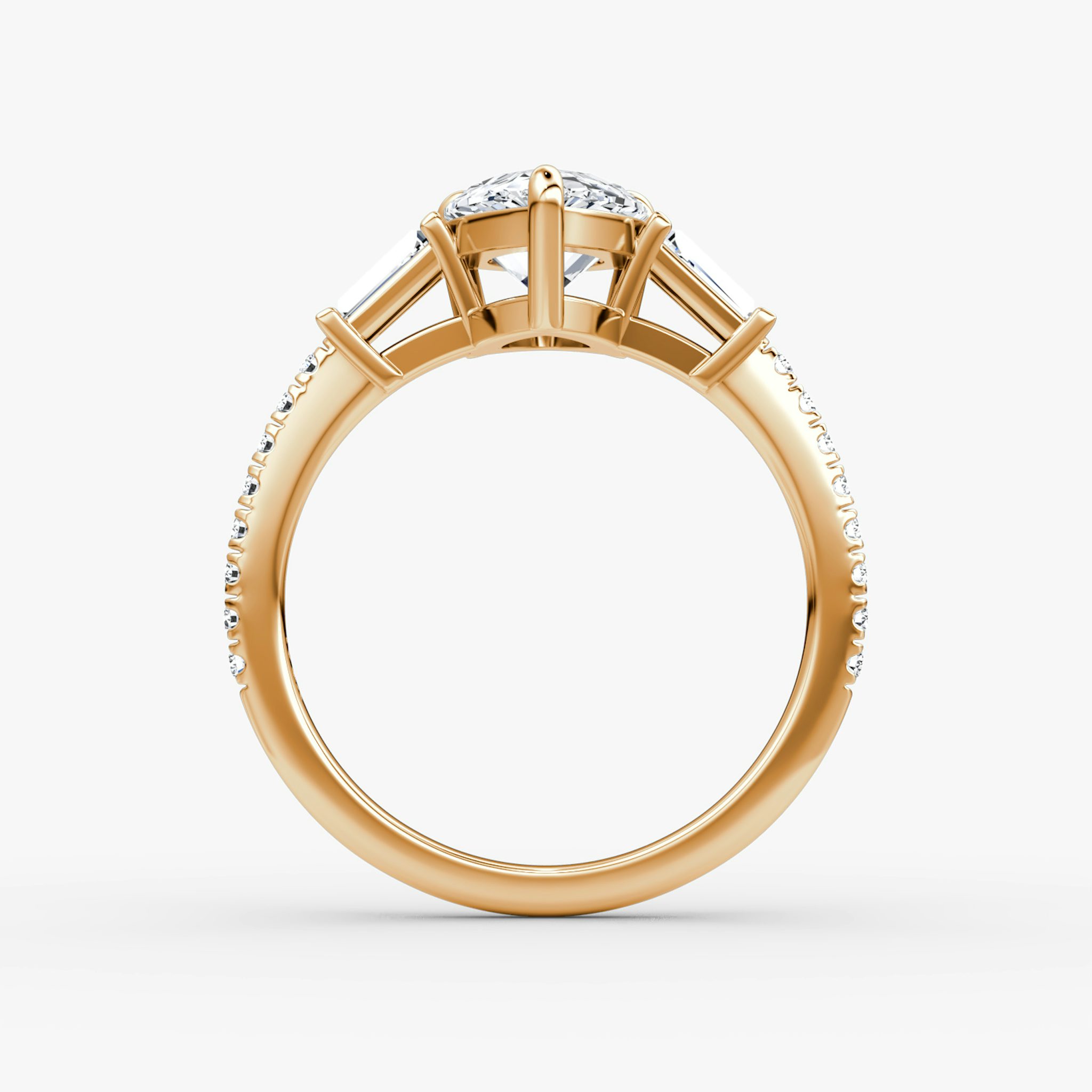 The Tapered Baguette Three Stone | Pear | 14k | Rose Gold | bandAccent: Pavé | excludeFromFeed: null | diamondOrientation: vertical | caratWeight: other