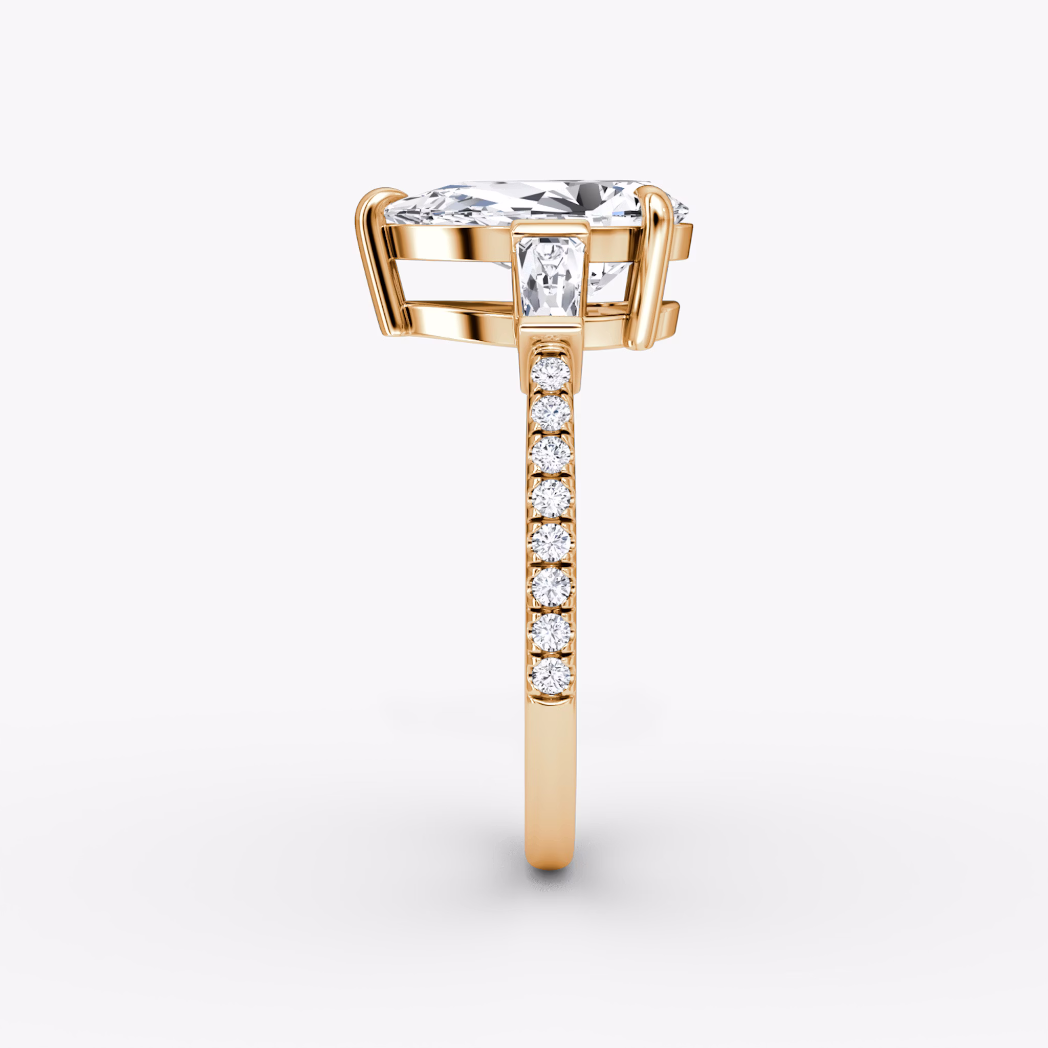 The Tapered Baguette Three Stone | Pear | 14k | Rose Gold | bandAccent: Pavé | excludeFromFeed: null | diamondOrientation: vertical | caratWeight: other