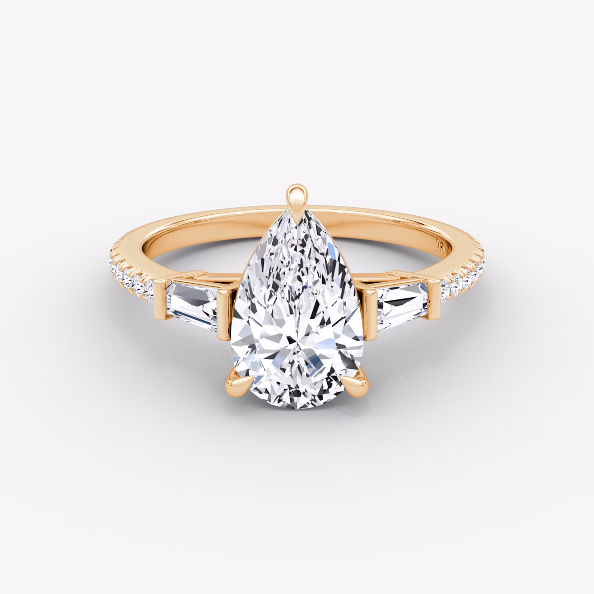 The Tapered Baguette Three Stone | Pear | 14k | Rose Gold | bandAccent: Pavé | caratWeight: 1.0ct | excludeFromFeed: null | diamondOrientation: vertical