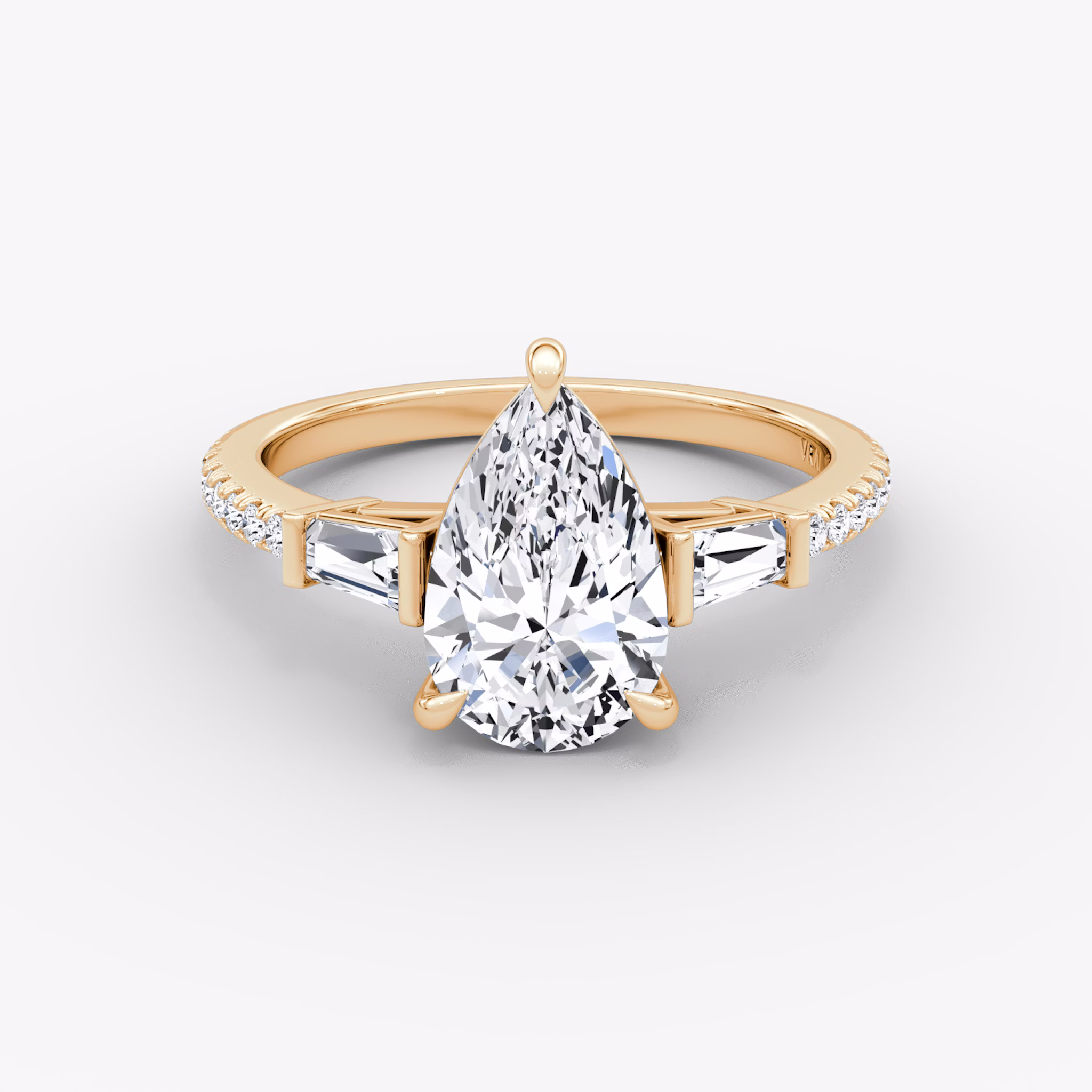 The Tapered Baguette Three Stone | Pear | 14k | Rose Gold | bandAccent: Pavé | excludeFromFeed: null | diamondOrientation: vertical | caratWeight: other