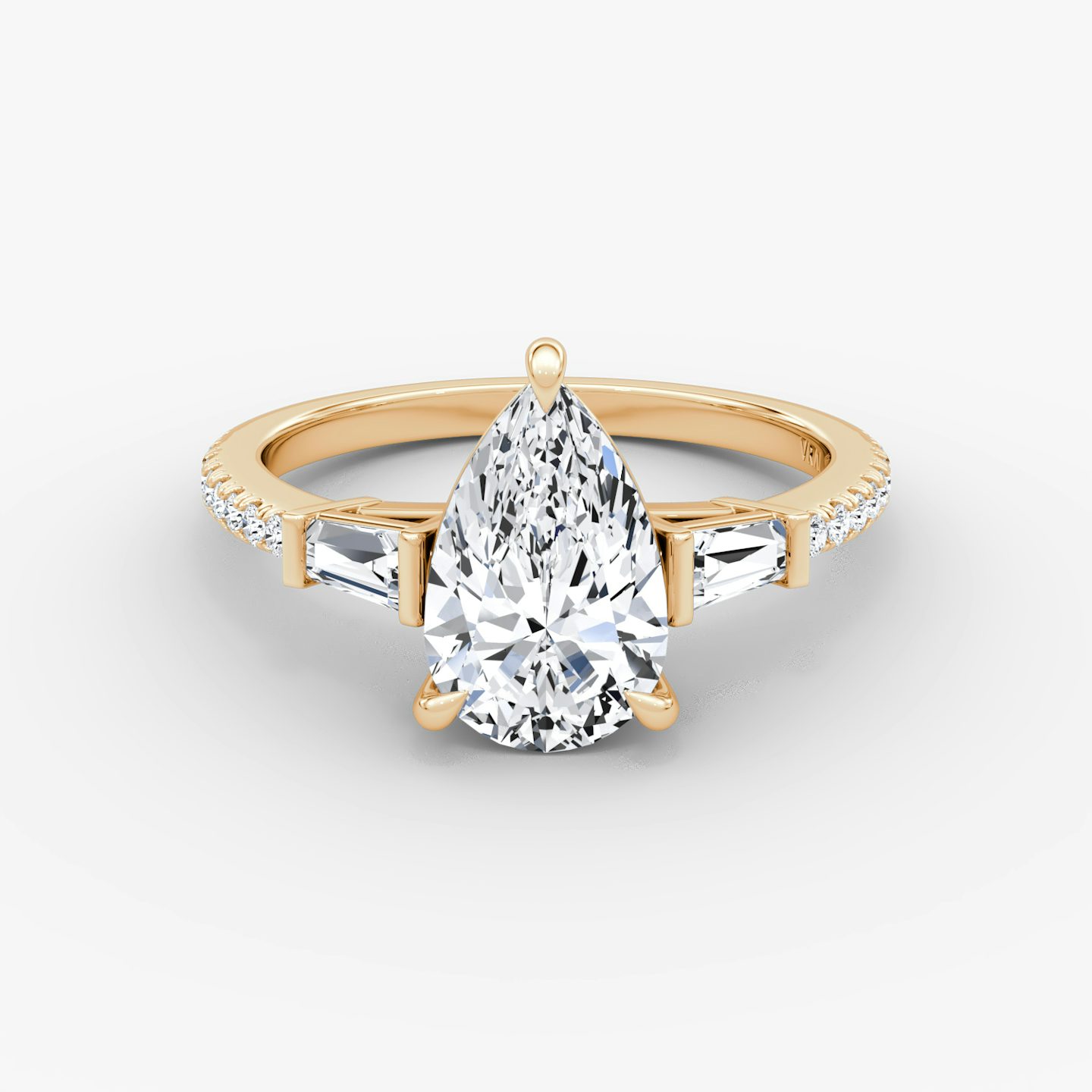 The Tapered Baguette Three Stone | Pear | 14k | Rose Gold | bandAccent: Pavé | excludeFromFeed: null | diamondOrientation: vertical | caratWeight: other