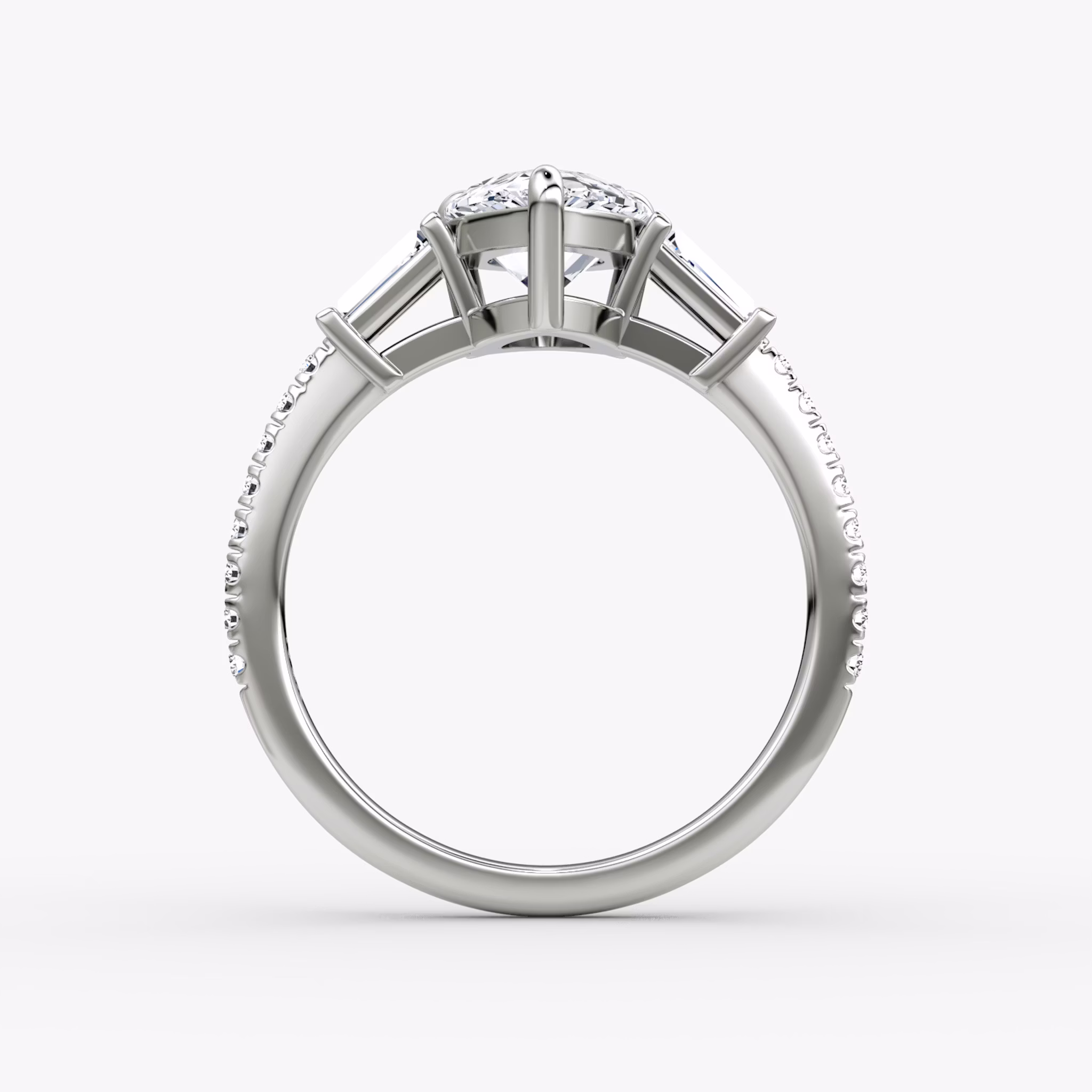 The Tapered Baguette Three Stone | Pear | 18k | White Gold | bandAccent: Pavé | excludeFromFeed: null | diamondOrientation: vertical | caratWeight: other