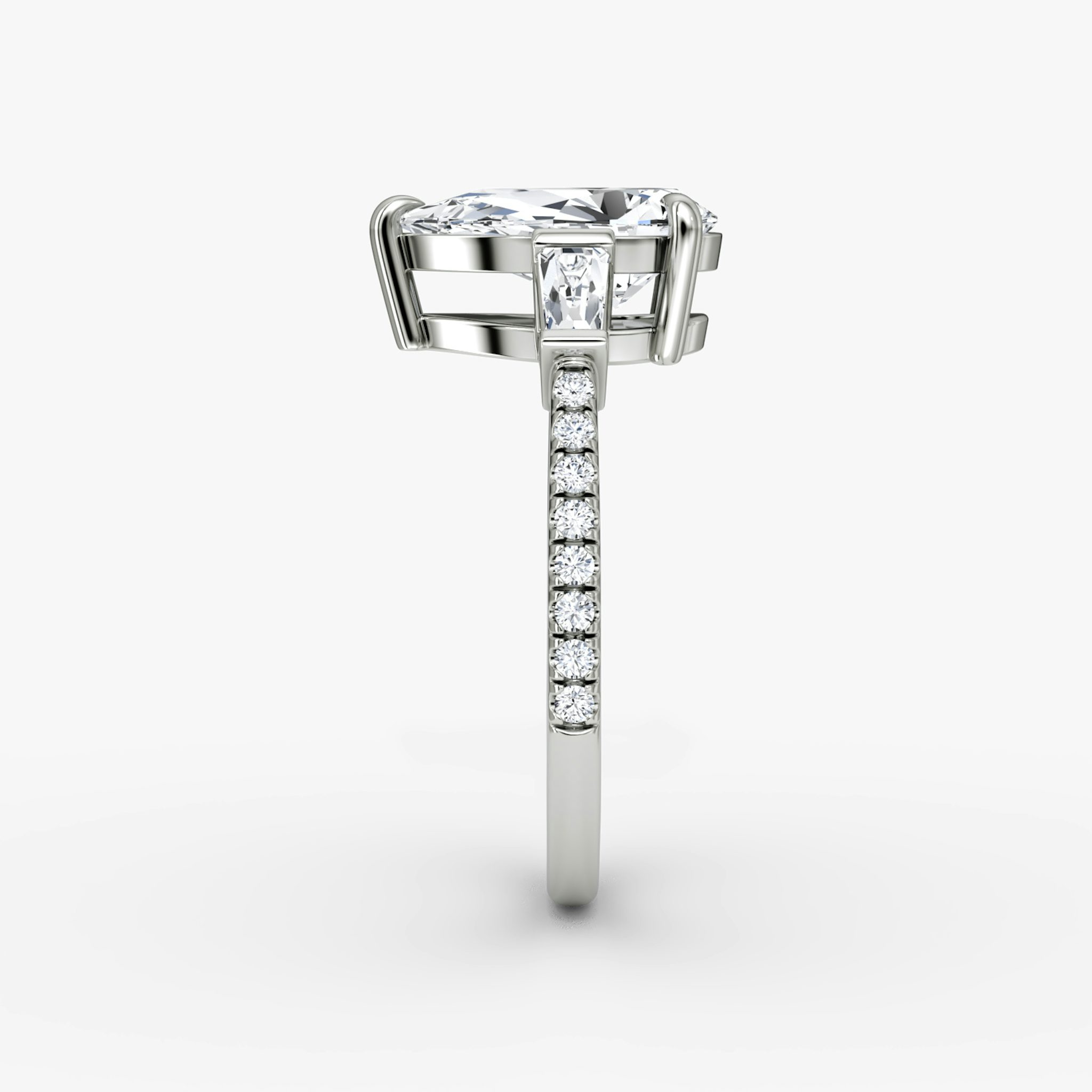 The Tapered Baguette Three Stone | Pear | 18k | White Gold | bandAccent: Pavé | excludeFromFeed: null | diamondOrientation: vertical | caratWeight: other