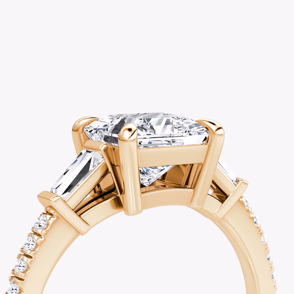 The Tapered Baguette Three Stone | Princess | 14k | Rose Gold | bandAccent: Pavé | caratWeight: 1.0ct | excludeFromFeed: null | diamondOrientation: vertical