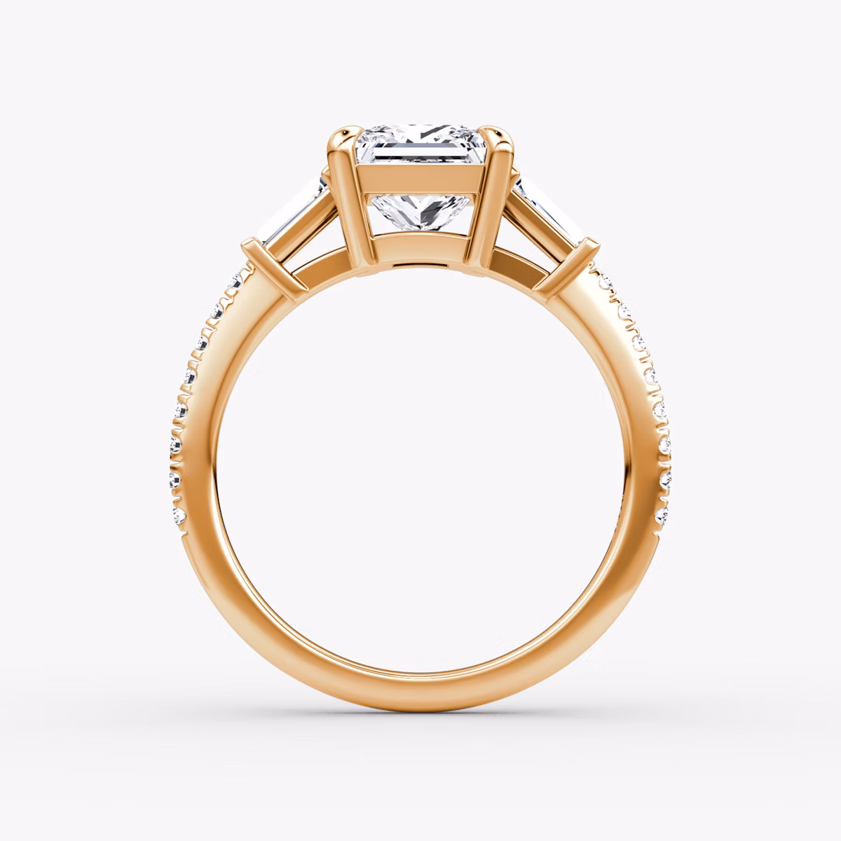 The Tapered Baguette Three Stone | Princess | 14k | Rose Gold | bandAccent: Pavé | caratWeight: 1.0ct | excludeFromFeed: null | diamondOrientation: vertical