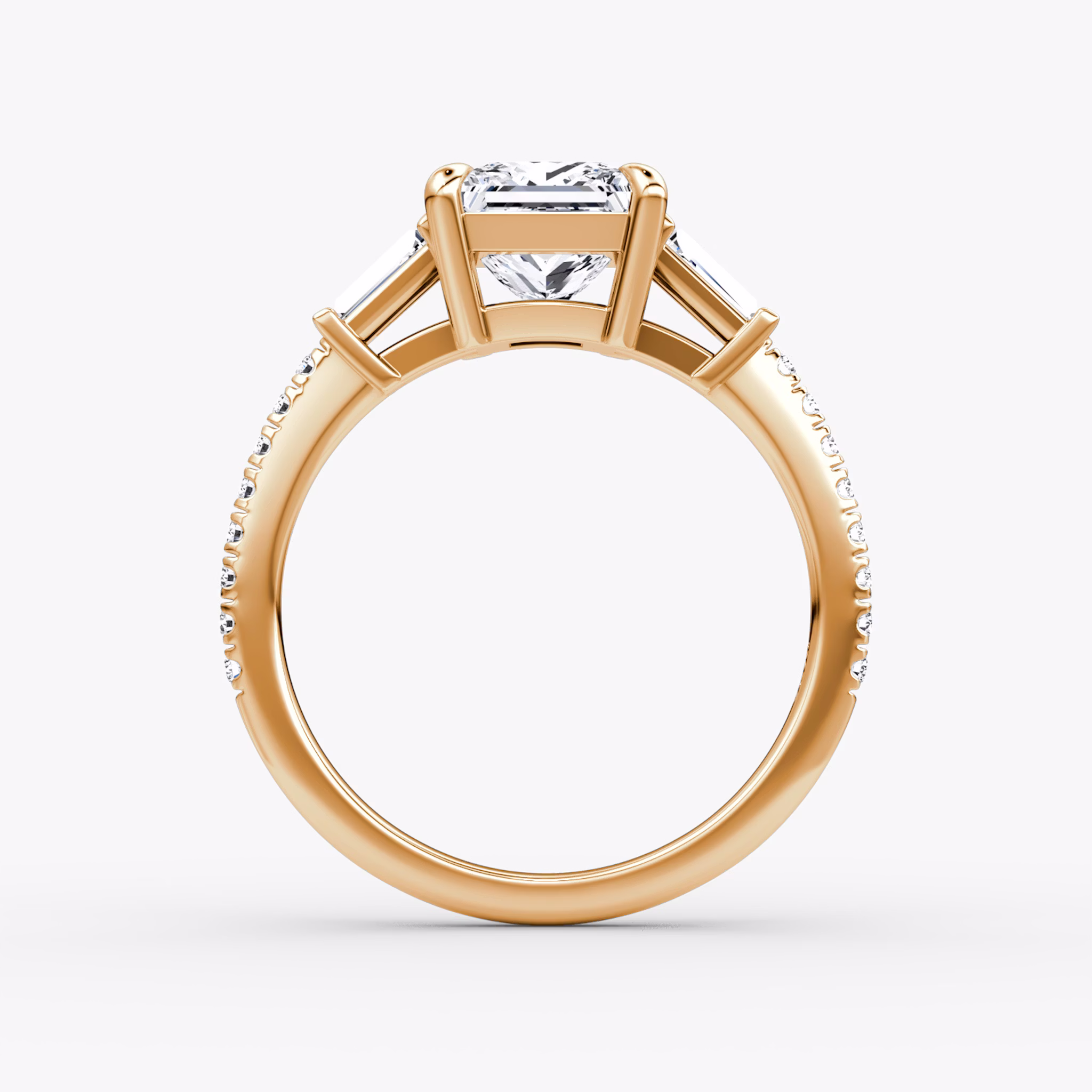 The Tapered Baguette Three Stone | Princess | 14k | Rose Gold | bandAccent: Pavé | excludeFromFeed: null | diamondOrientation: vertical | caratWeight: other